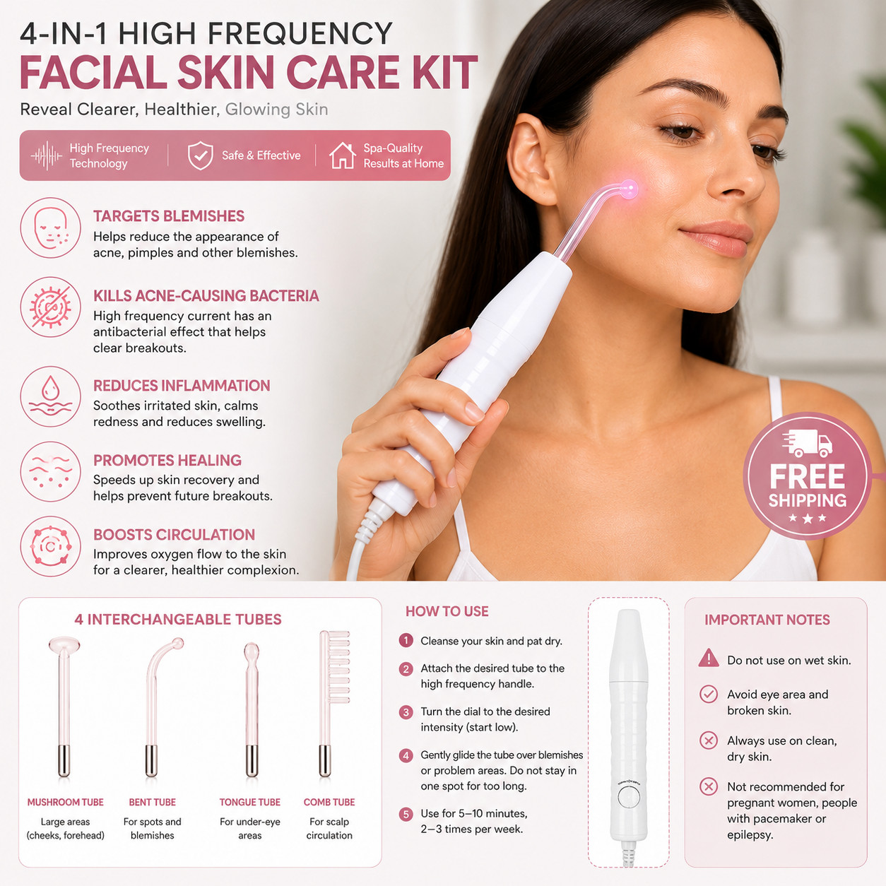 4 In 1 High Frequency Facial Wand Machine Skin Care Acne Treatment Scalp Massage