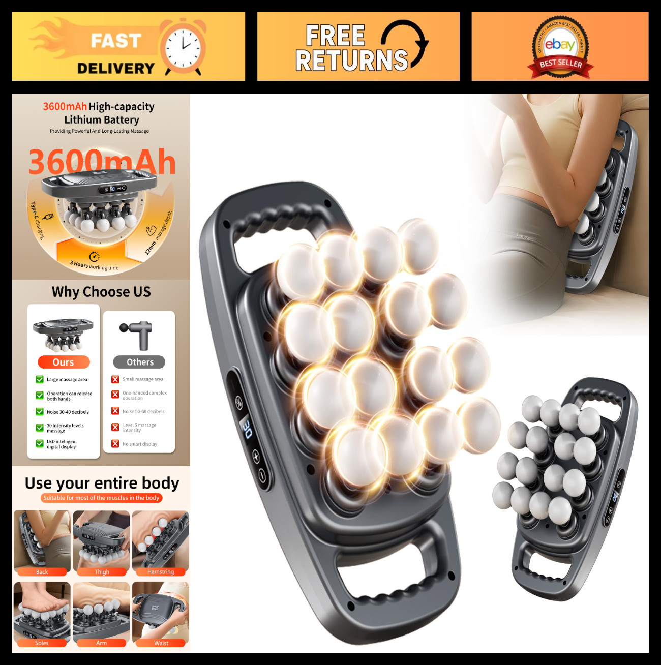 Deep Tissue Massage Gun – 16 Heads, 30 Intensity Levels, 3 Modes, Quiet Electric