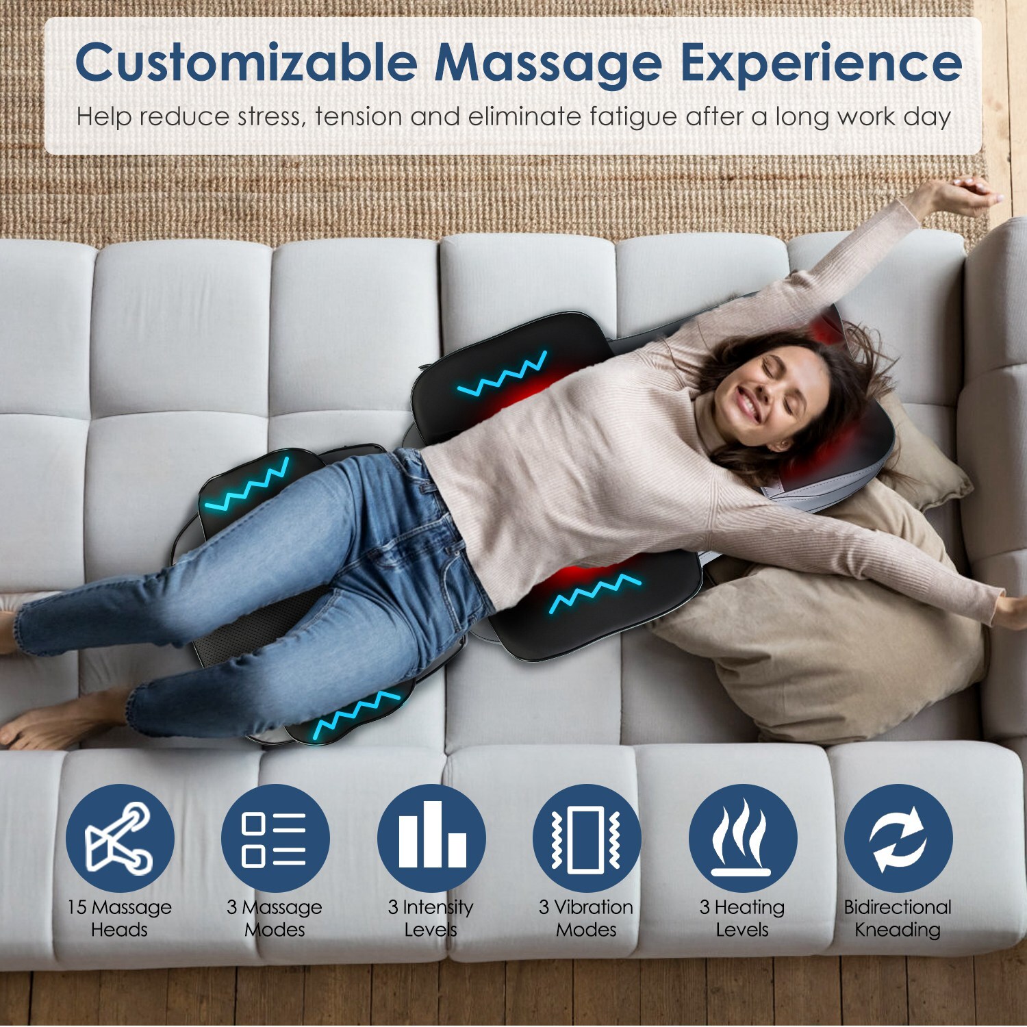 Shiatsu Neck Back Massager W/ Heat Full Body 3D Kneading Massage Chair Pad