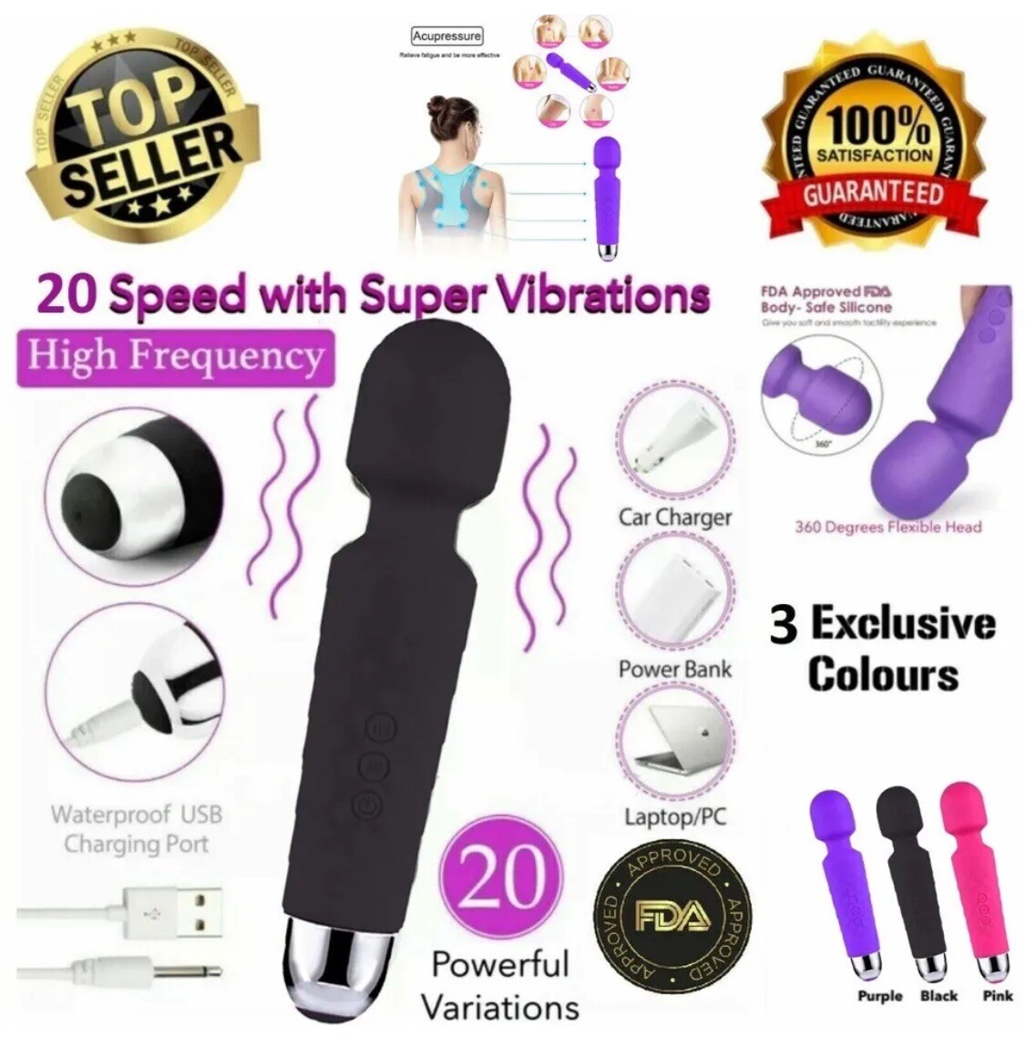 Mini Multi-Speed Magic Massager Wand Massage Powerful Full Body USB Rechargeable