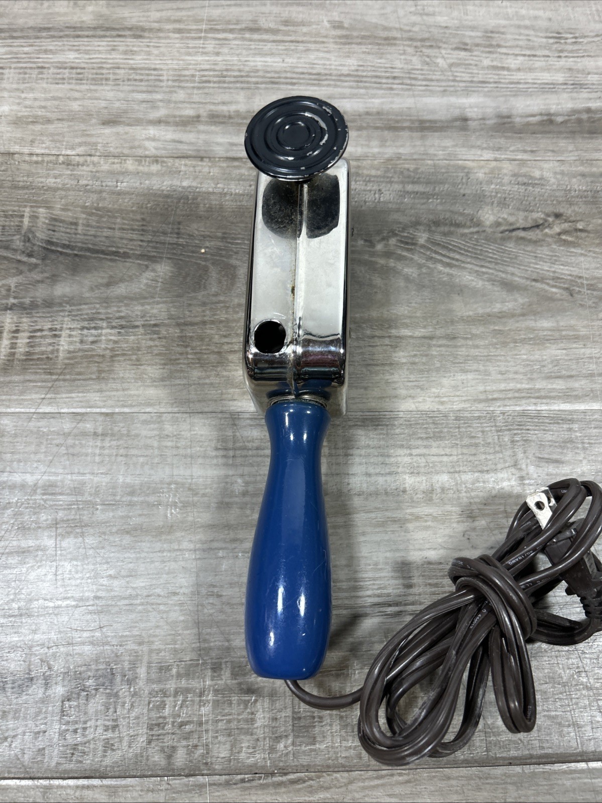 Vintage Chrome Box, Engraving, Blue Handle VIBRATION MASSAGER
