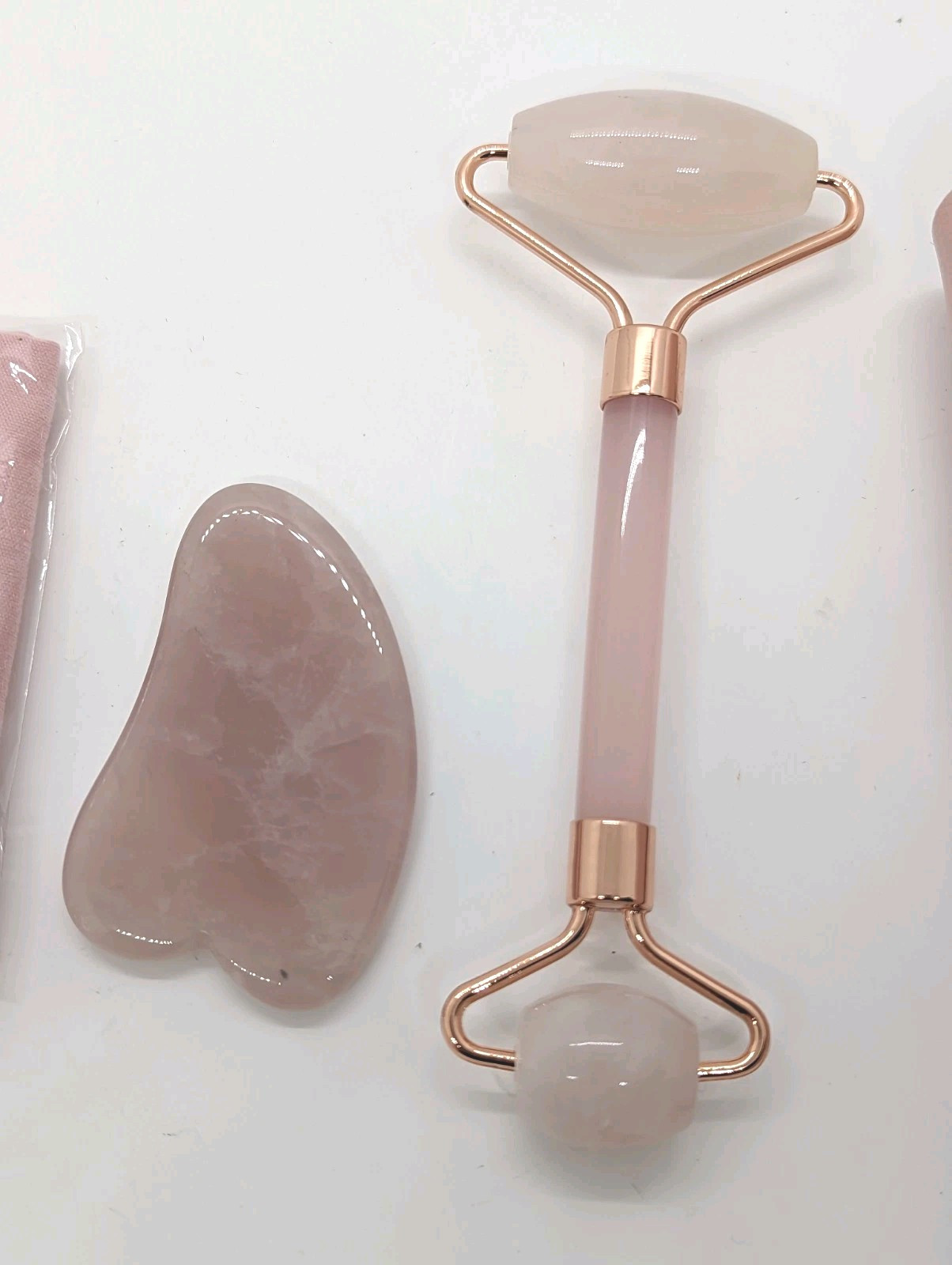 Rose Quartz Roller & Gua Sha Set Anti Aging Face Massager w/Cleaning Cloth, Case