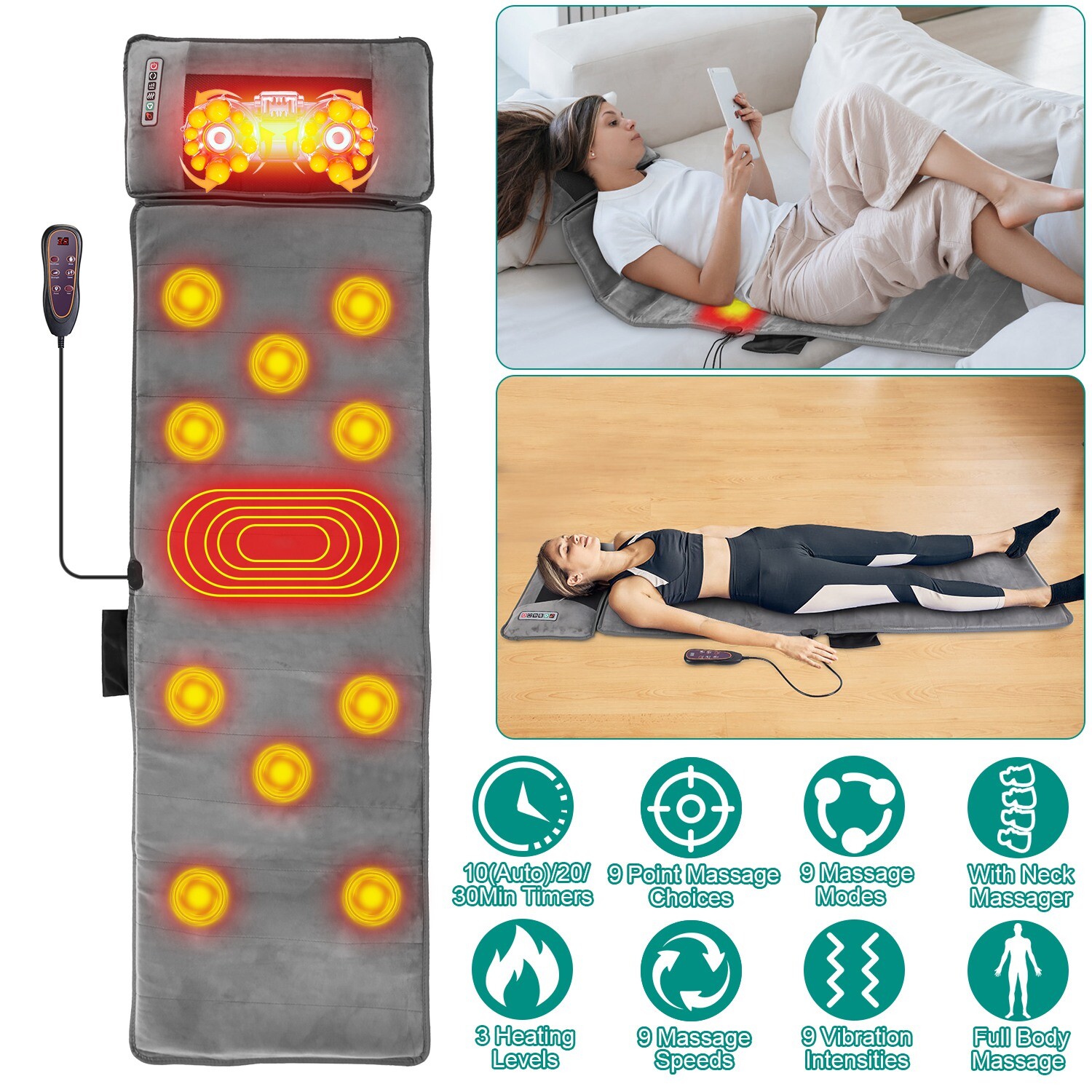 Full Body Electric Massage Mat Heated Pad Massage Mattress w/Neck Massage Pillow