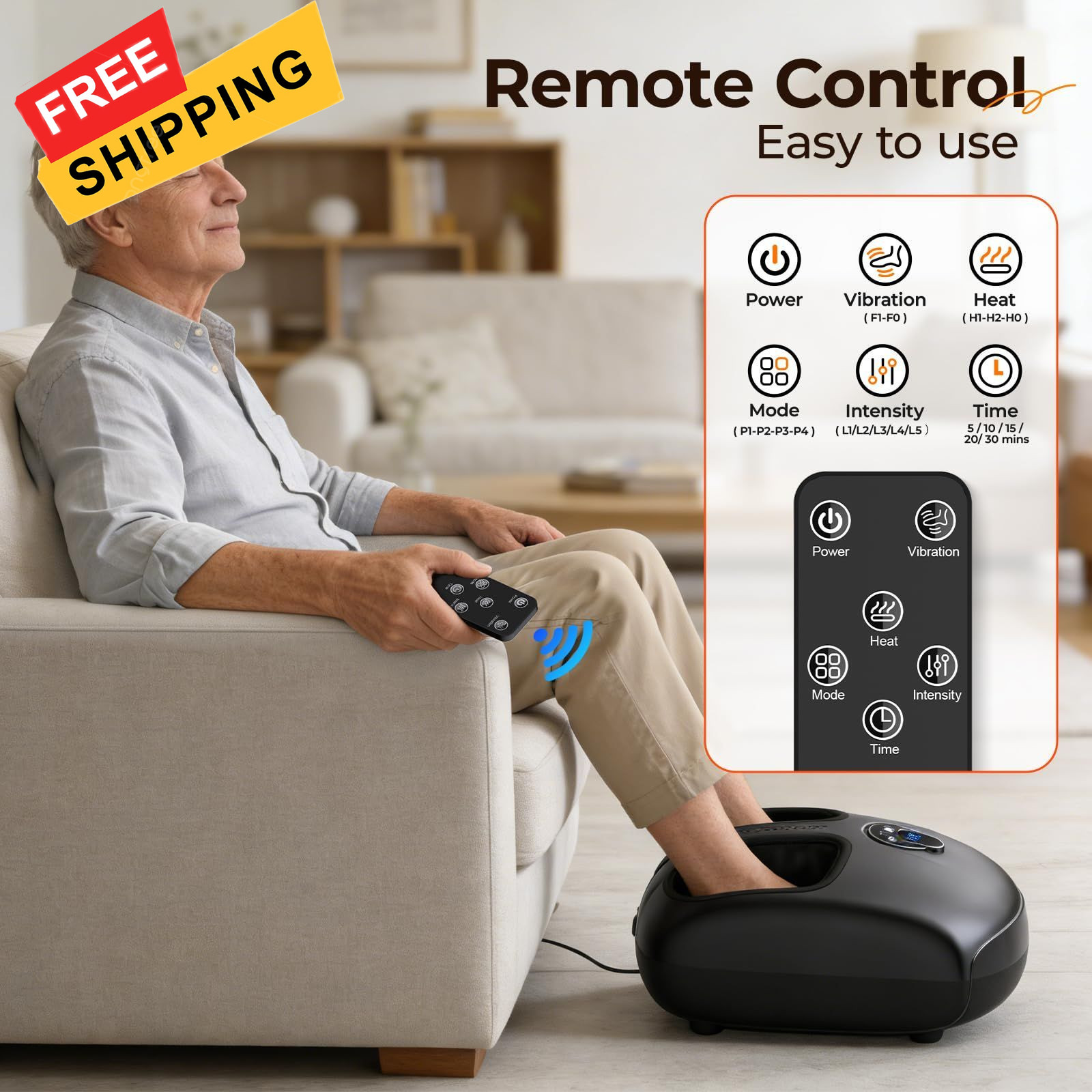 Foot Massager with Heat, 4 Modes & Vibration & Compression & Rolling Black