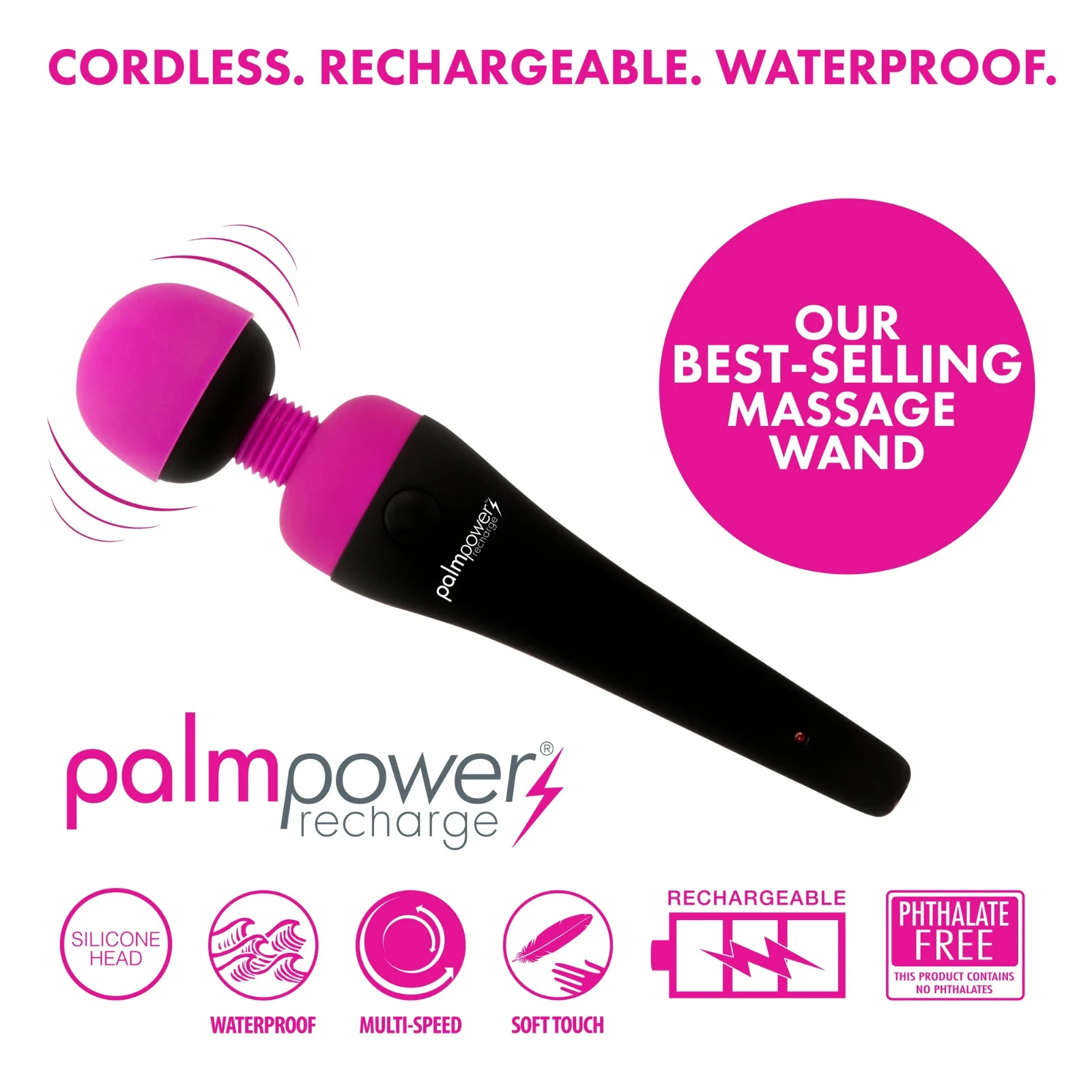 Palm Power Personal Wand Silicone Body Massager Fuschia – Super Strong