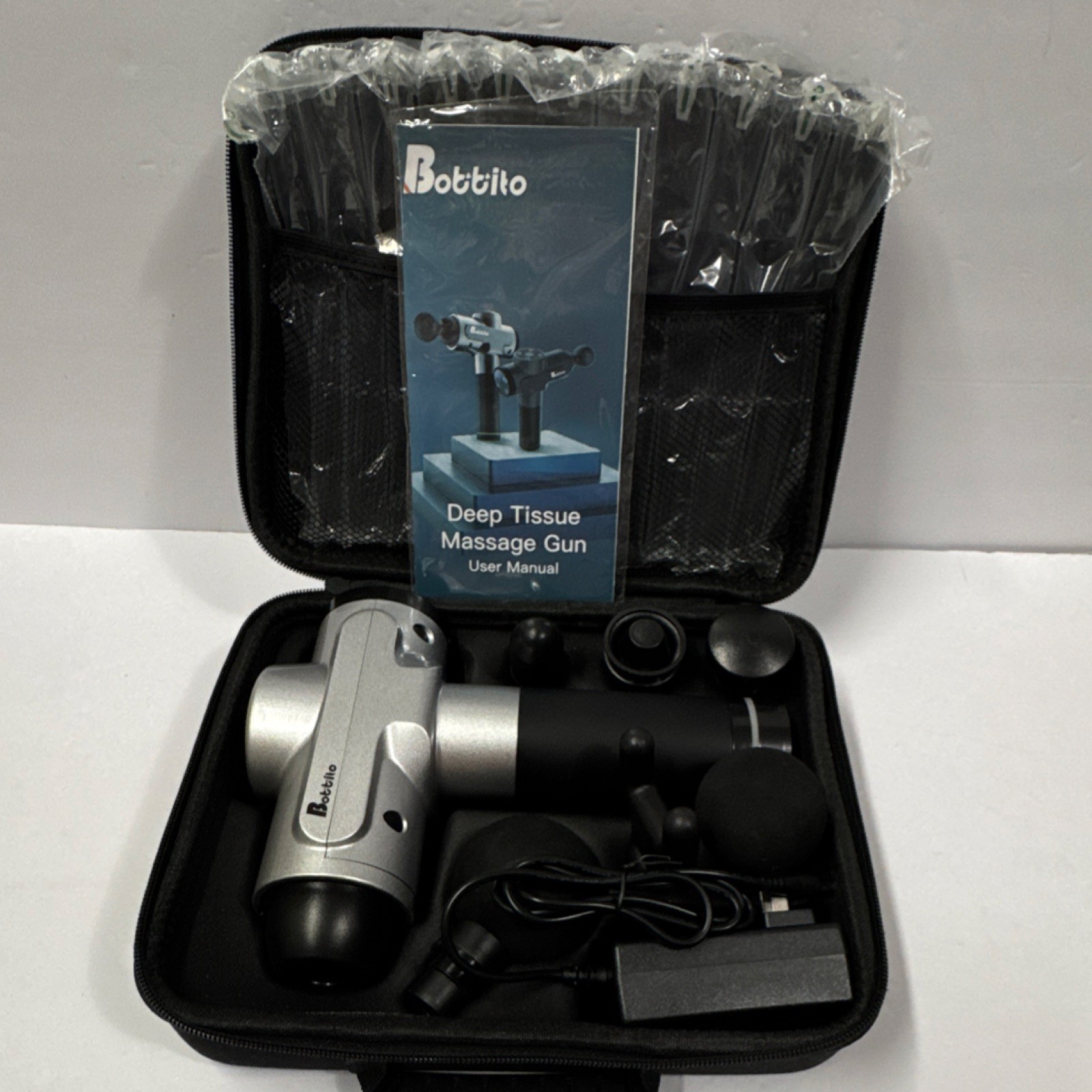 Bobbito Deep Tissue Massage Gun Handheld Percussion 4 Heads Silver Black