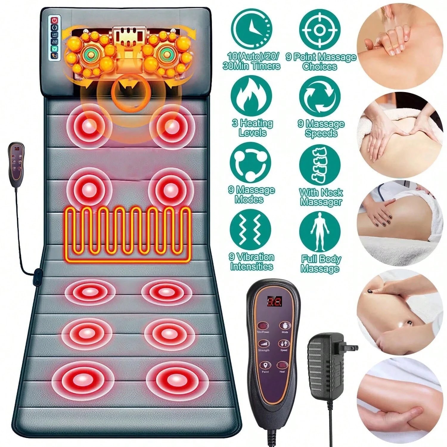 Full Body Vibration Massage Mat w/ Heat 10 Motors Neck Massager Remote 65in