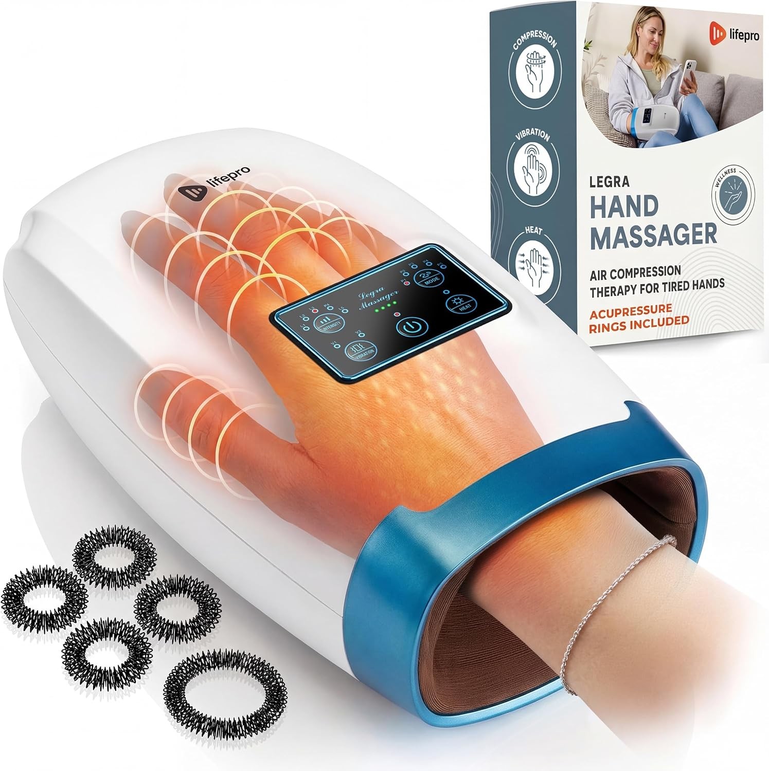 Lifepro Legra Hand Massager with Heat and Compression – White (Open Box)