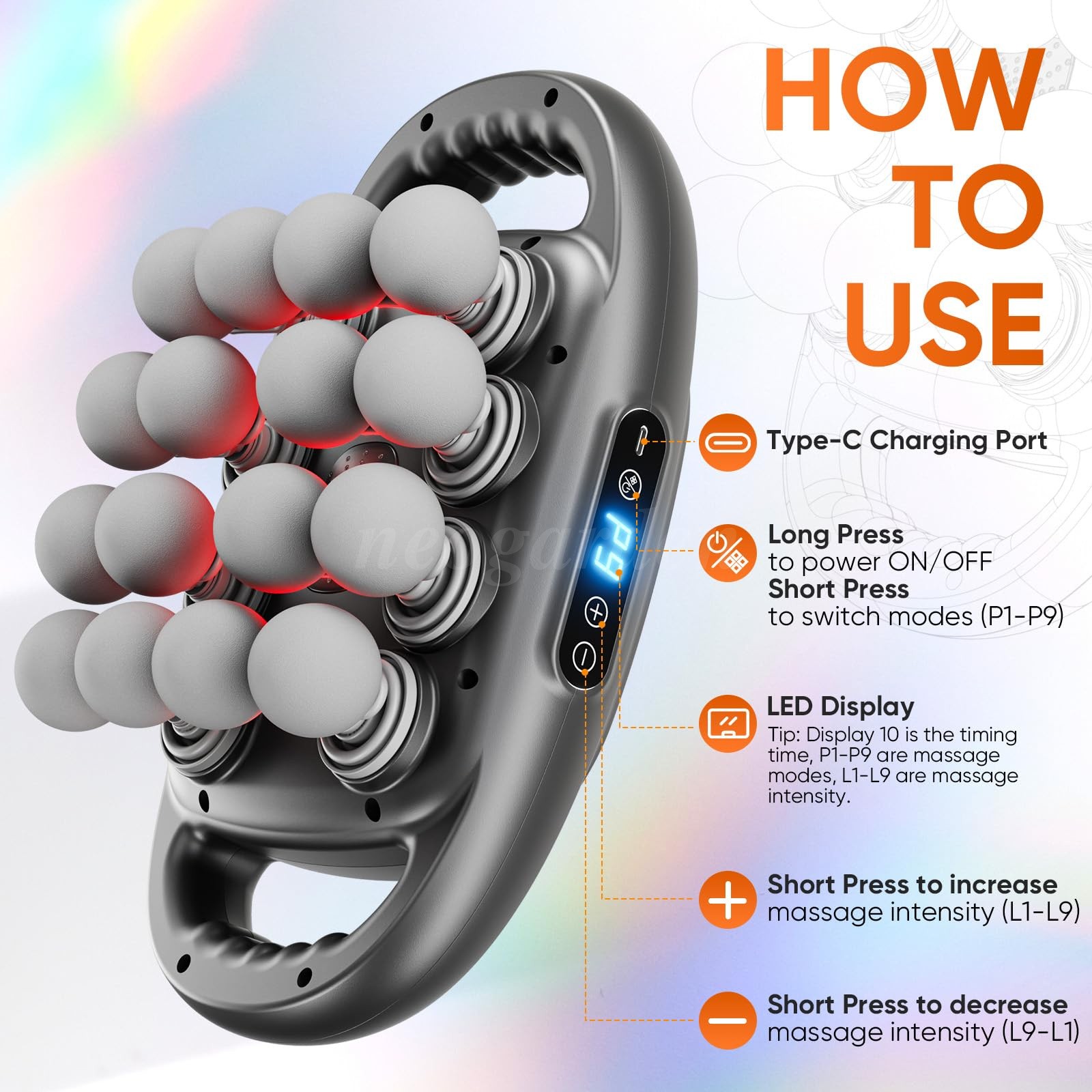 16 Head Massage Gun Deep Tissue Massager 9 Modes 2000mAH Muscle Relax