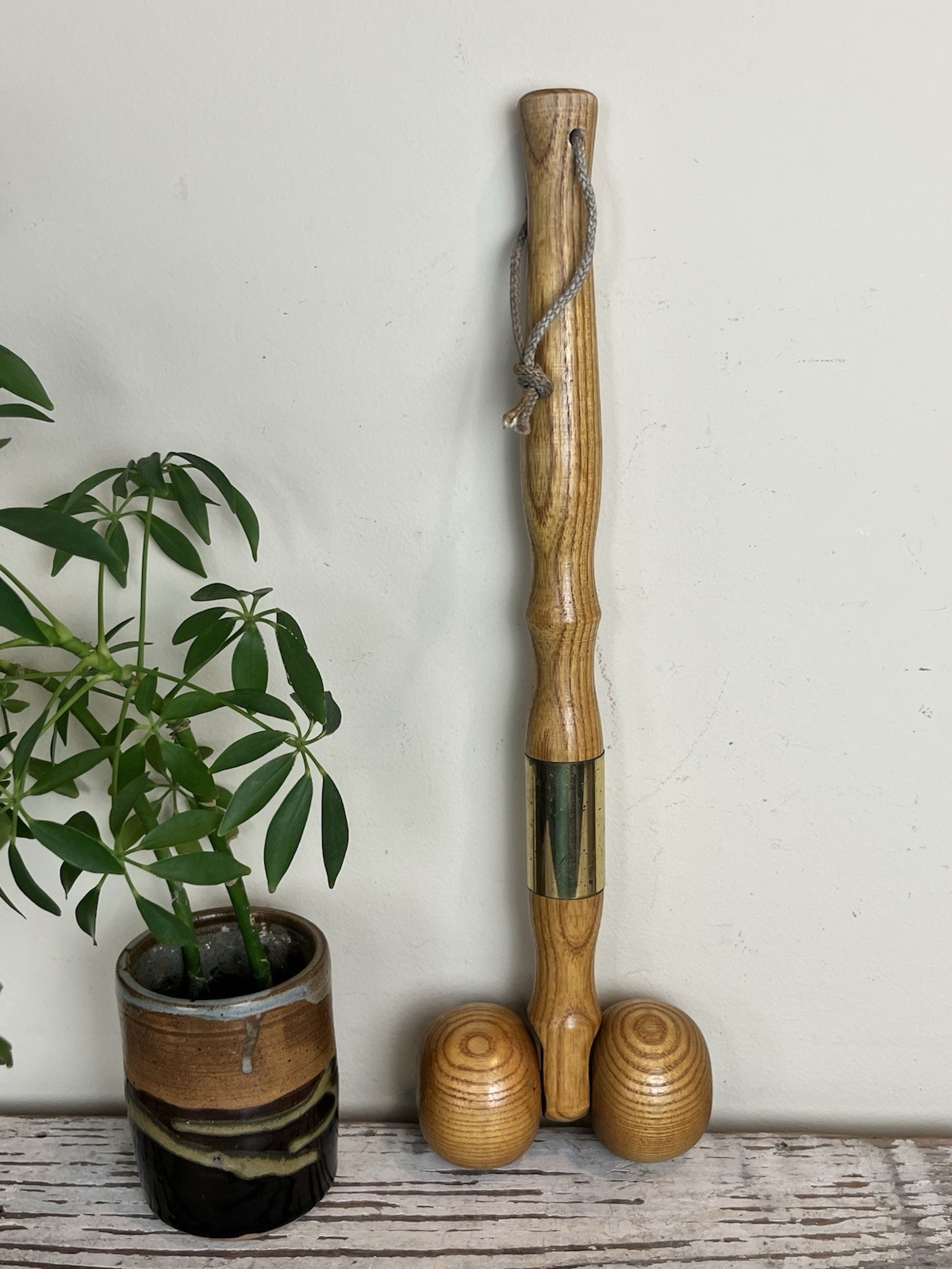 Vintage Wooden Oak Back Massager Roller Rolling Balls W/Handle Brass Accent 15”