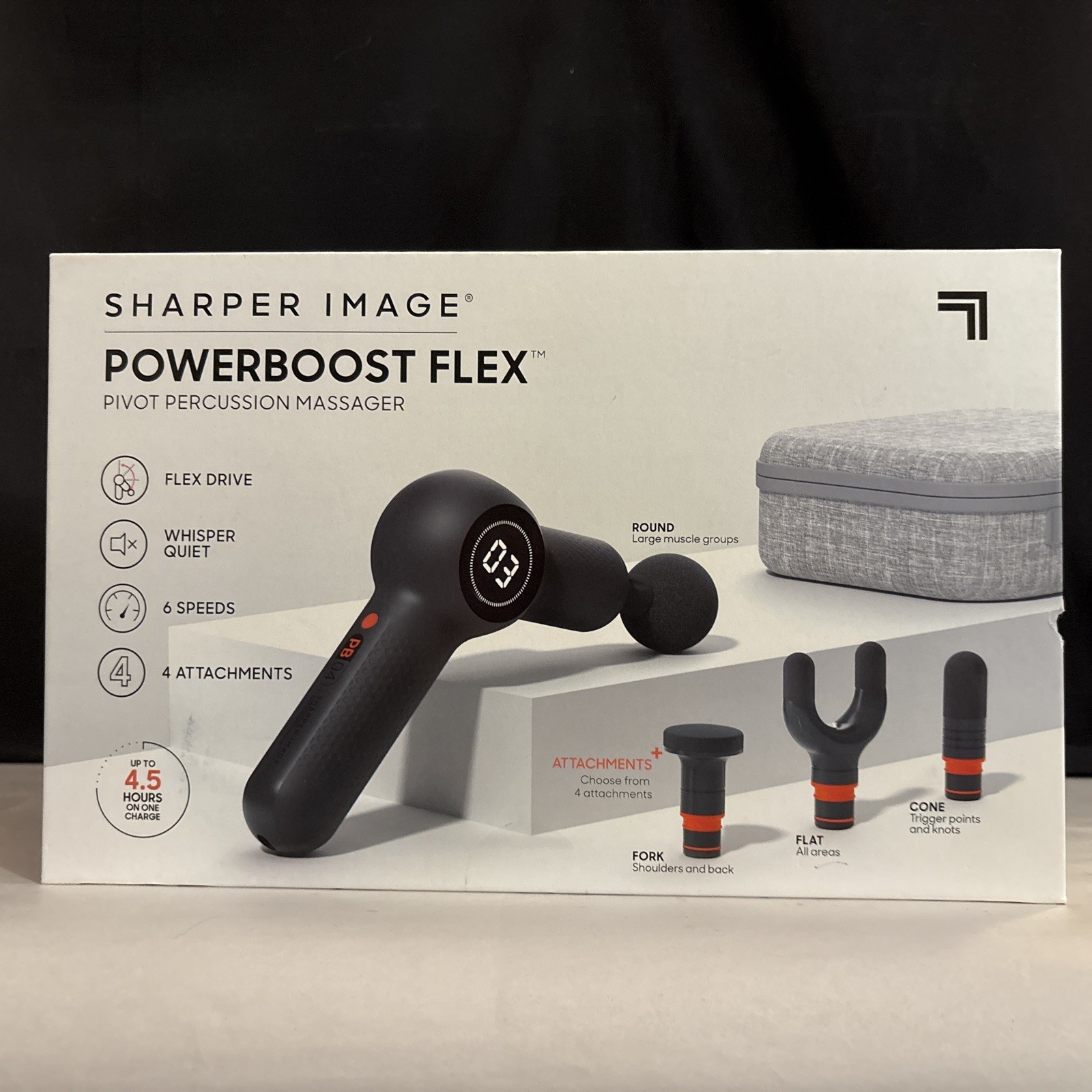 Sharper Image Powerboost Flex Pivot Percussion Massager 6 Speeds 4 Attachments