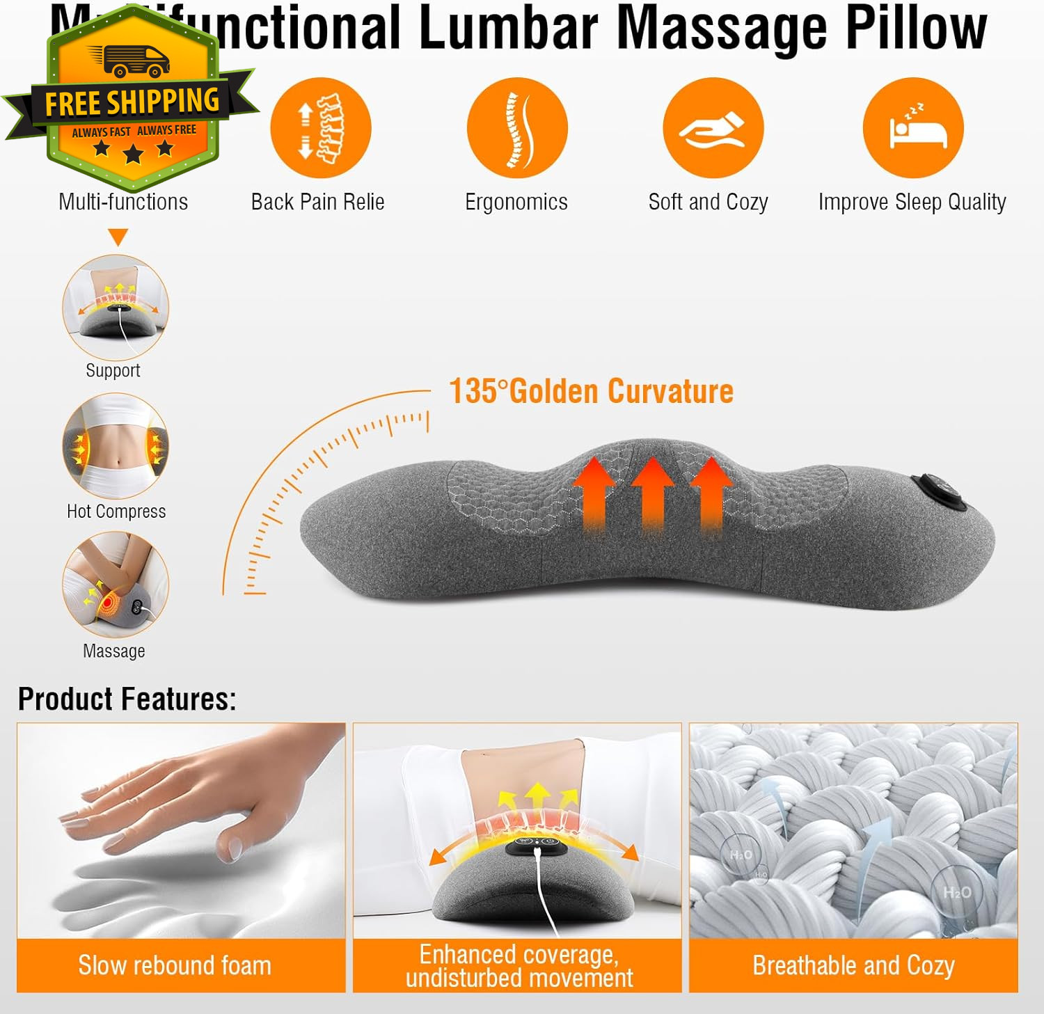 Electric Lumbar Support Pillow Lower Back Massager Heat Traction Memory Foam Car