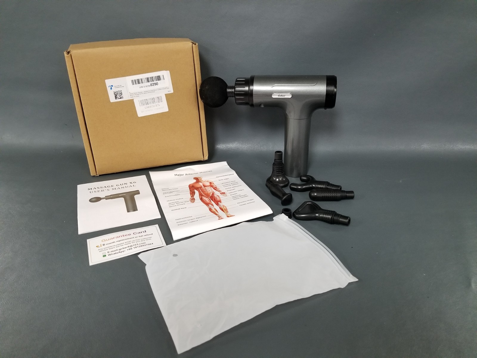 Gvber Grey Digital X6 Massage Therapy Gun Set w/ Box Head Manual