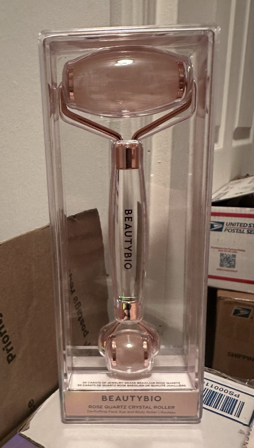 BeautyBio Rose Quartz Crystal Dual Head Manual Rolling Face Eye Neck Roller