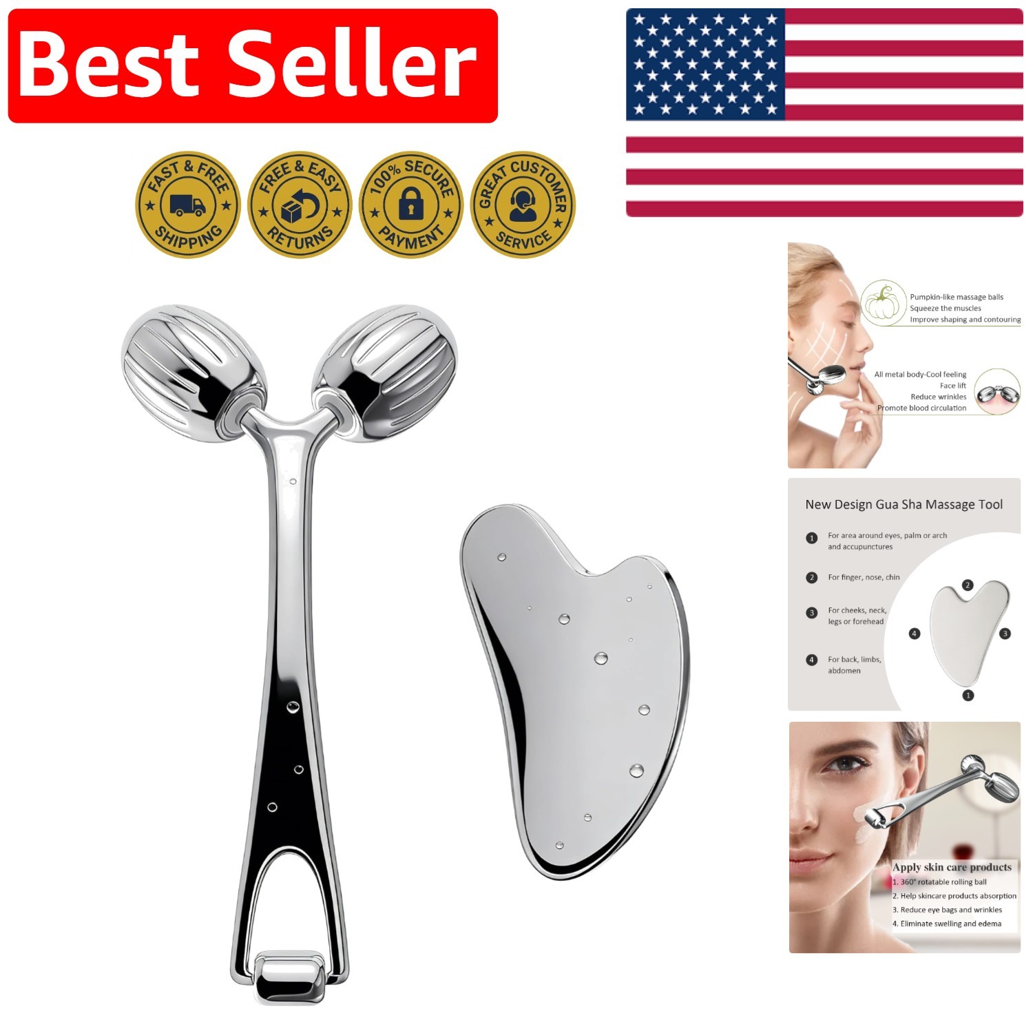 Stainless Steel Facial Roller & Gua Sha Set – Cooling Massage for All Skin Types