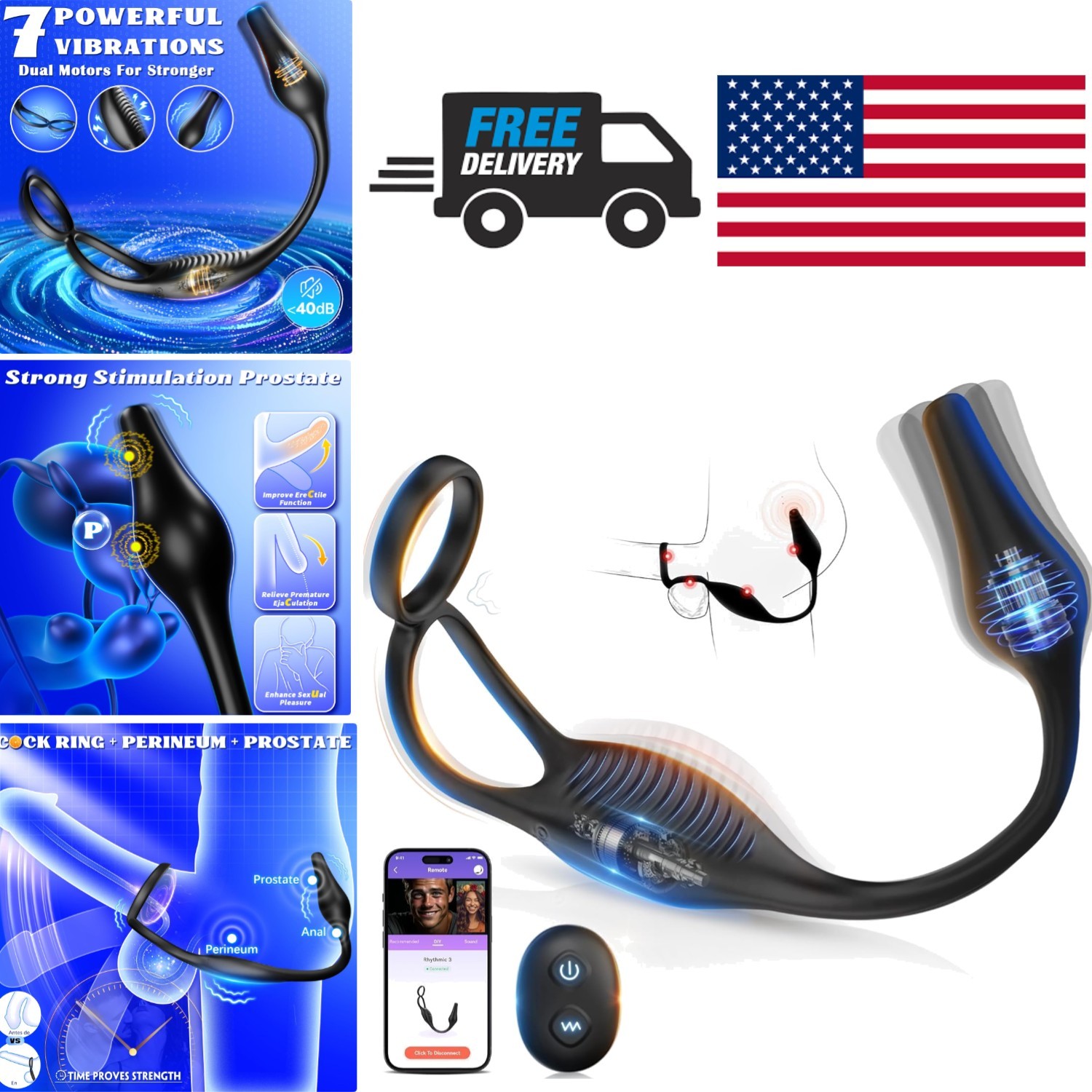 Ergonomic Prostate Massager with Penis Ring and Seven Vibration Settings