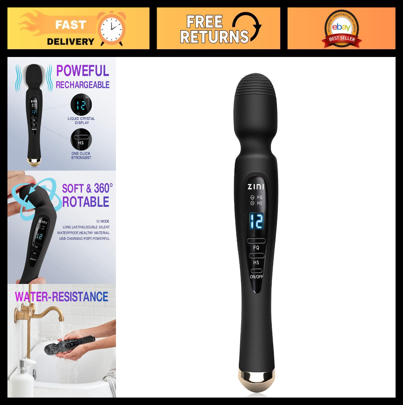 Cordless LCD Display Massager, 12 Powerful Modes for Pain Relief, Portable & Rec