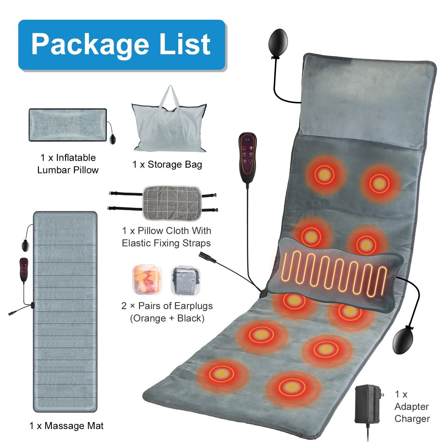 Electric Full Body Massage Mat Pad w/ Heating & Vibrating Inflatable Head Pillow