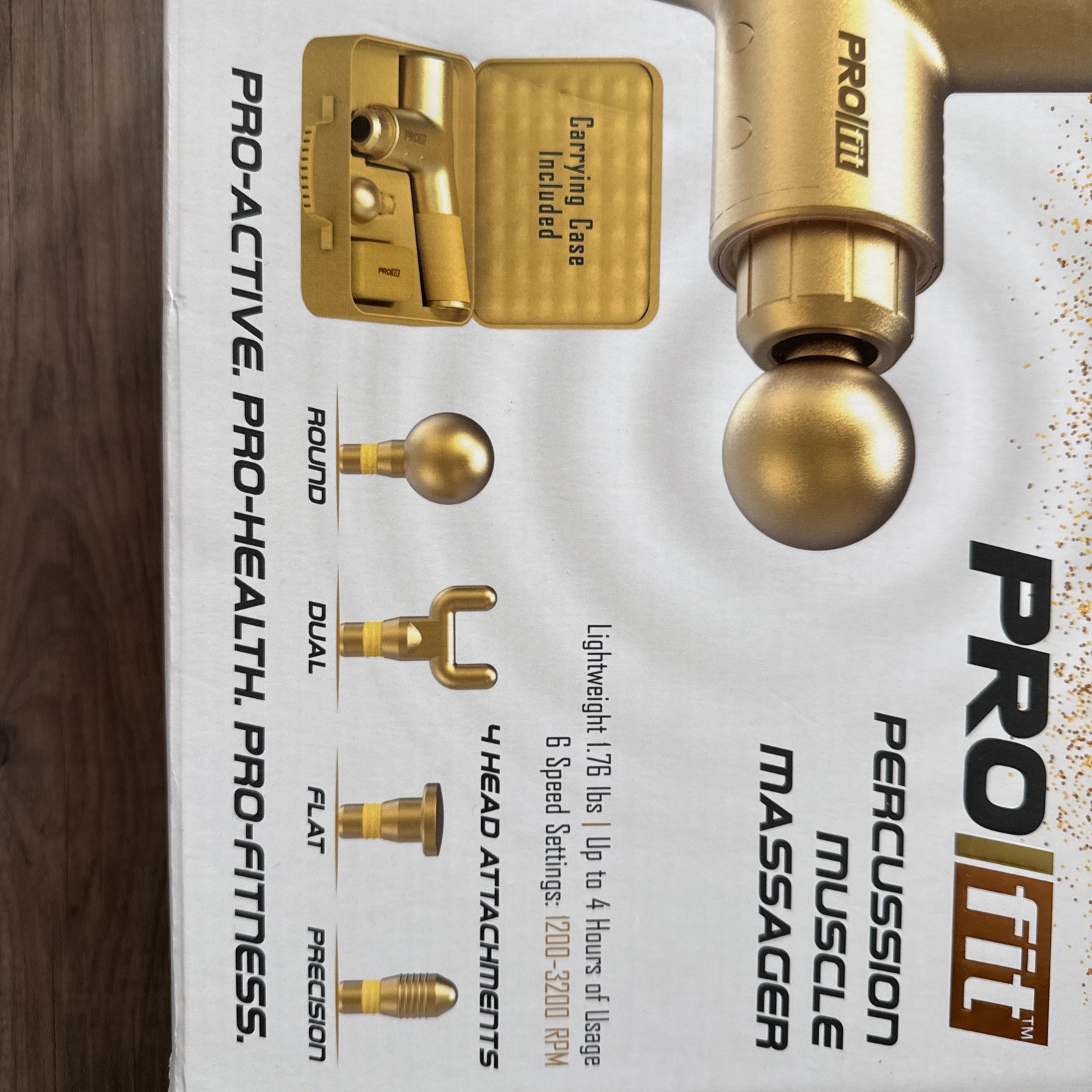 ProFit Percussion Massage Gun Gold Handheld Multispeed 4 Heads Case