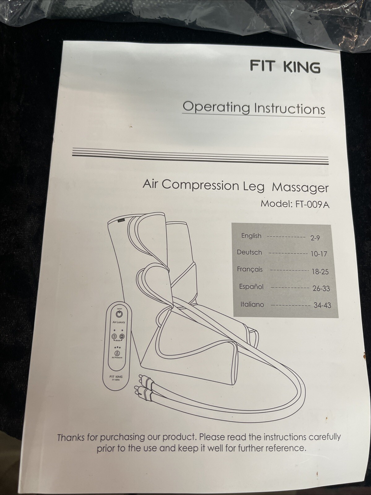 Fit King Air Compression Leg Massager Black Model Number FT-009A