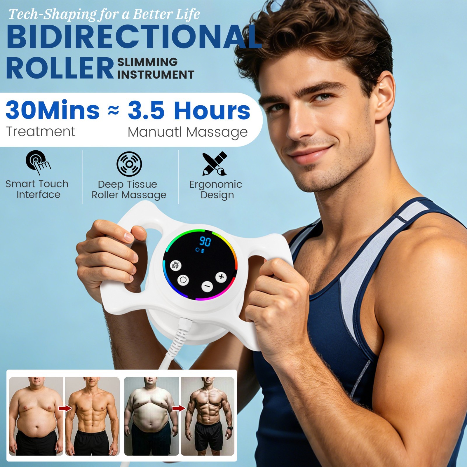 MYOSLIM 3-Head Body 360°Roller Massager Machine Muscle Gainer Slimming Fitness