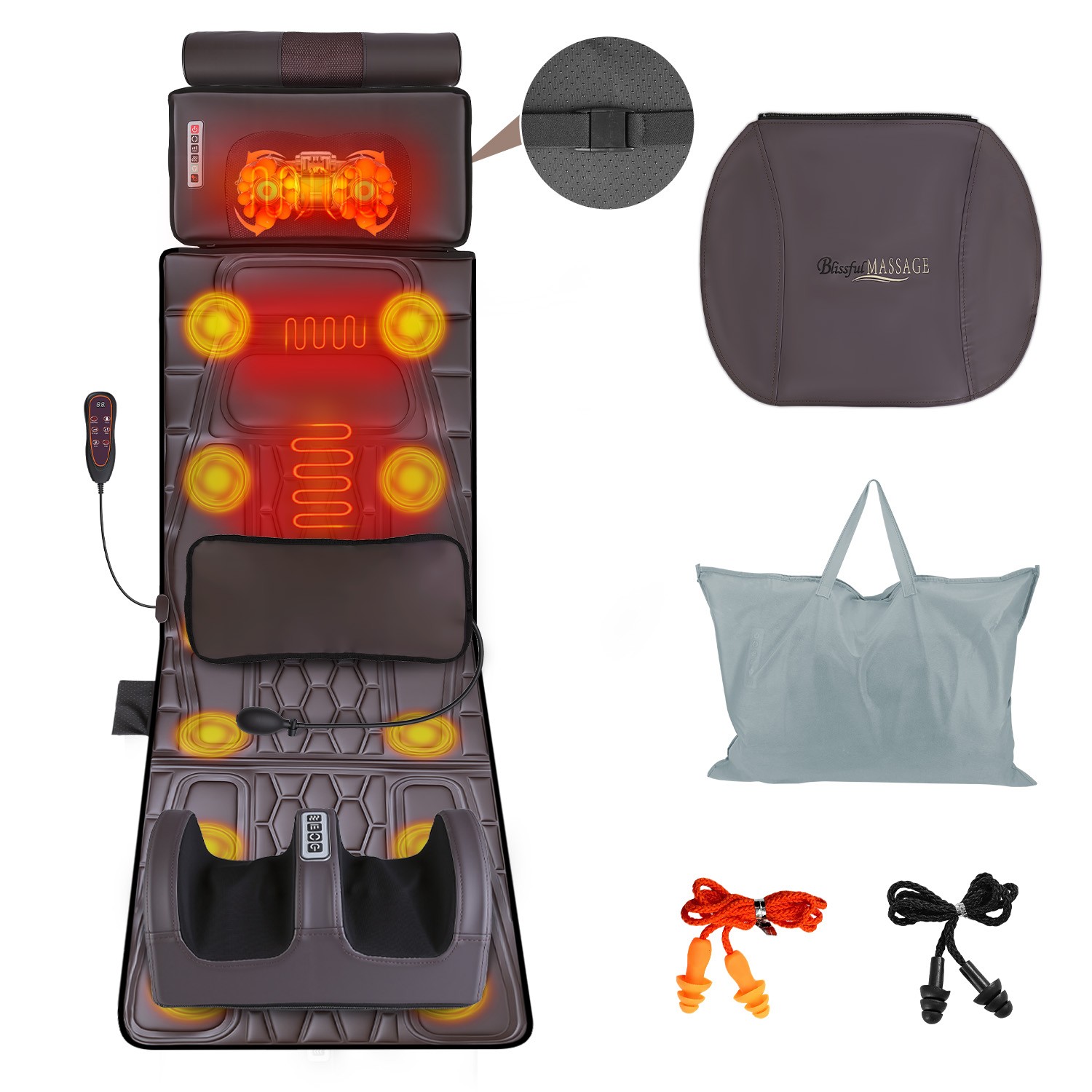 Electric Full Body Massage Mat Shiatsu Neck Foot PU Leather Massager Pad w/ Bag
