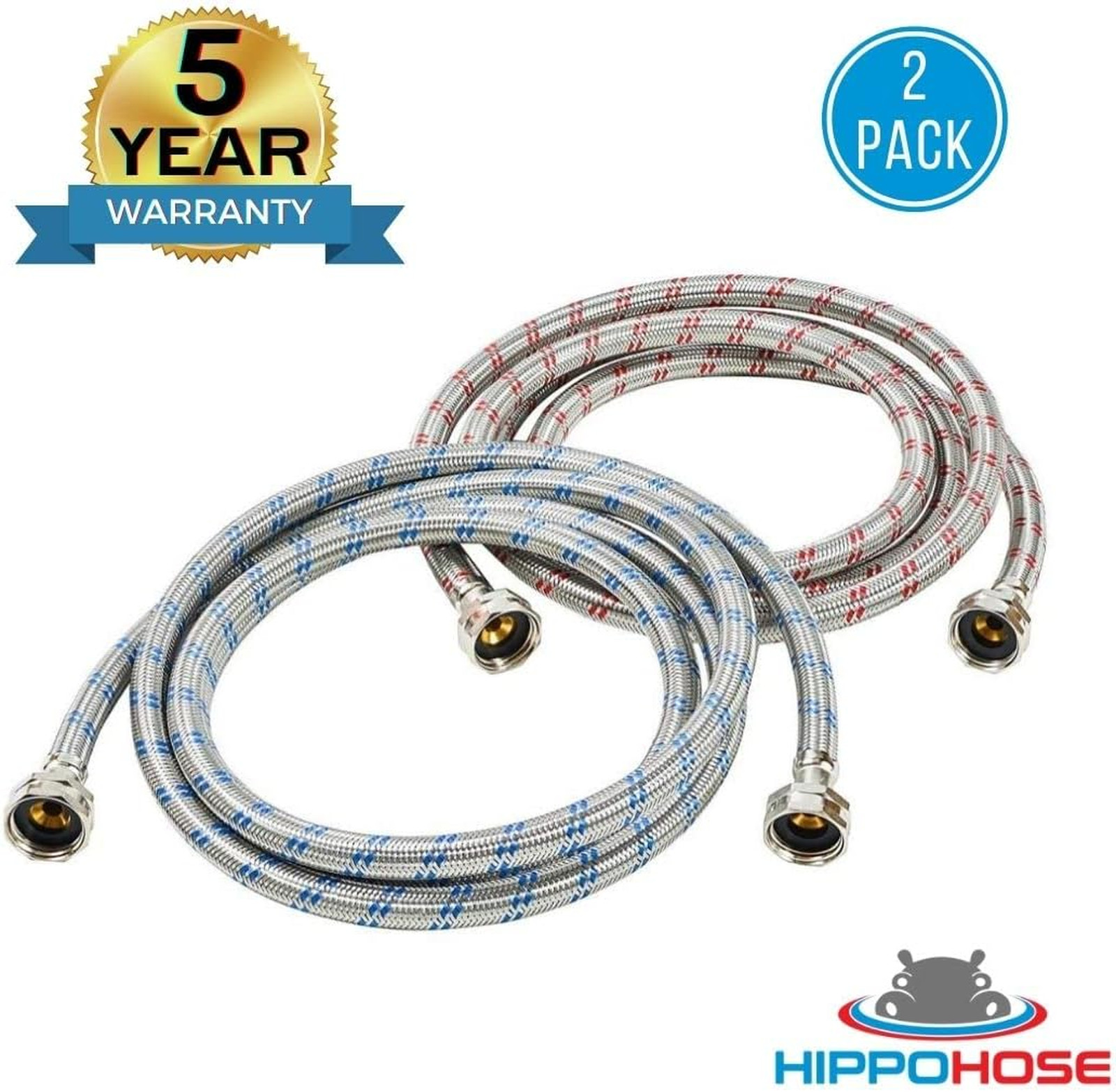 Washing Machine Hoses Braided Stainless Steel 8FT Connect Burst Proof Hot Cold
