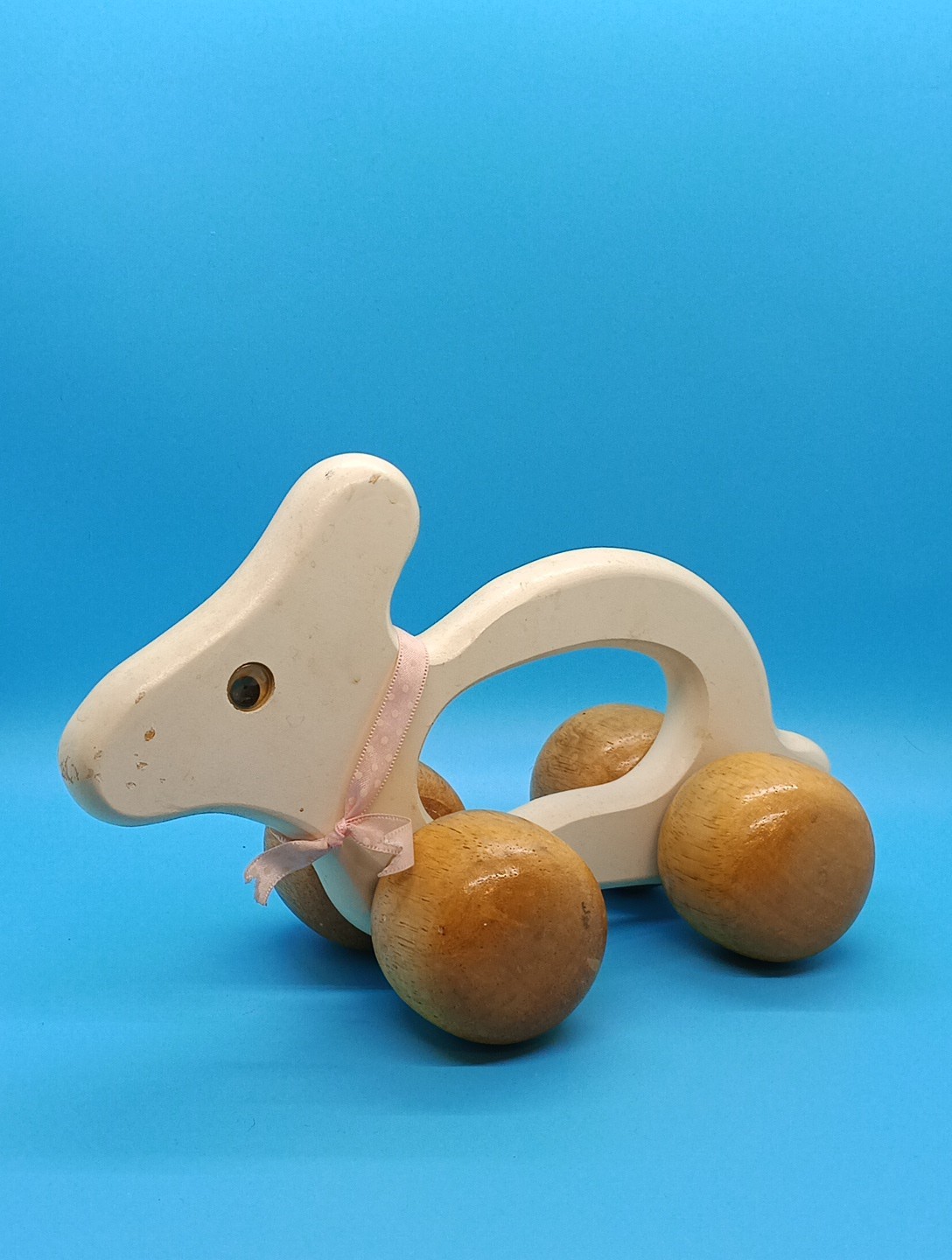 Vintage – 9″ Wooden Massager, Solid Handheld Bunny w/ Roller Wheels