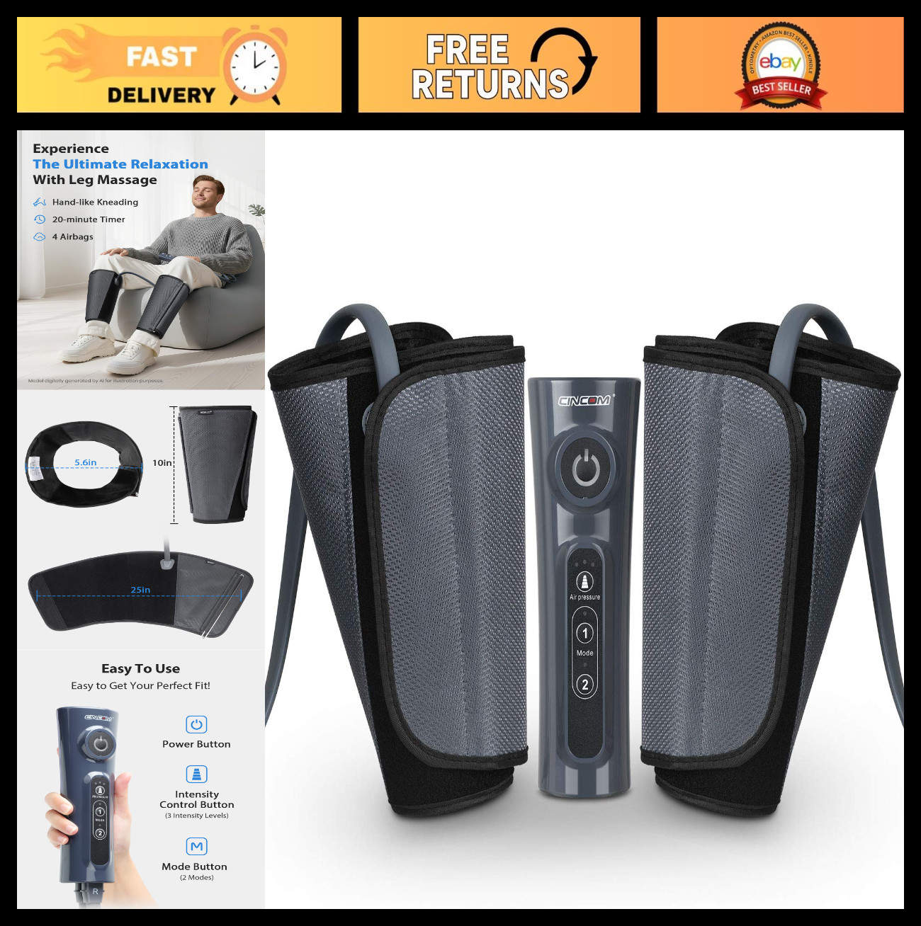 Leg Massager for Circulation & Pain Relief, Air Compression Calf Massager, 2 Mod