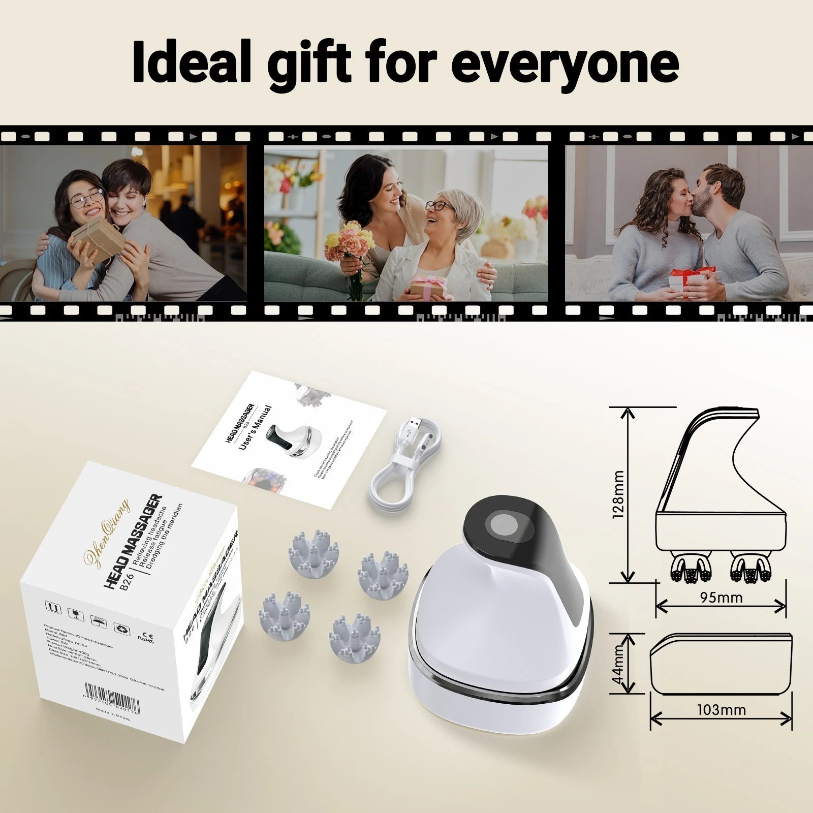 Scalp Massager Electric with Heat Rechargeable Head Massager Waterproof Gifts，A
