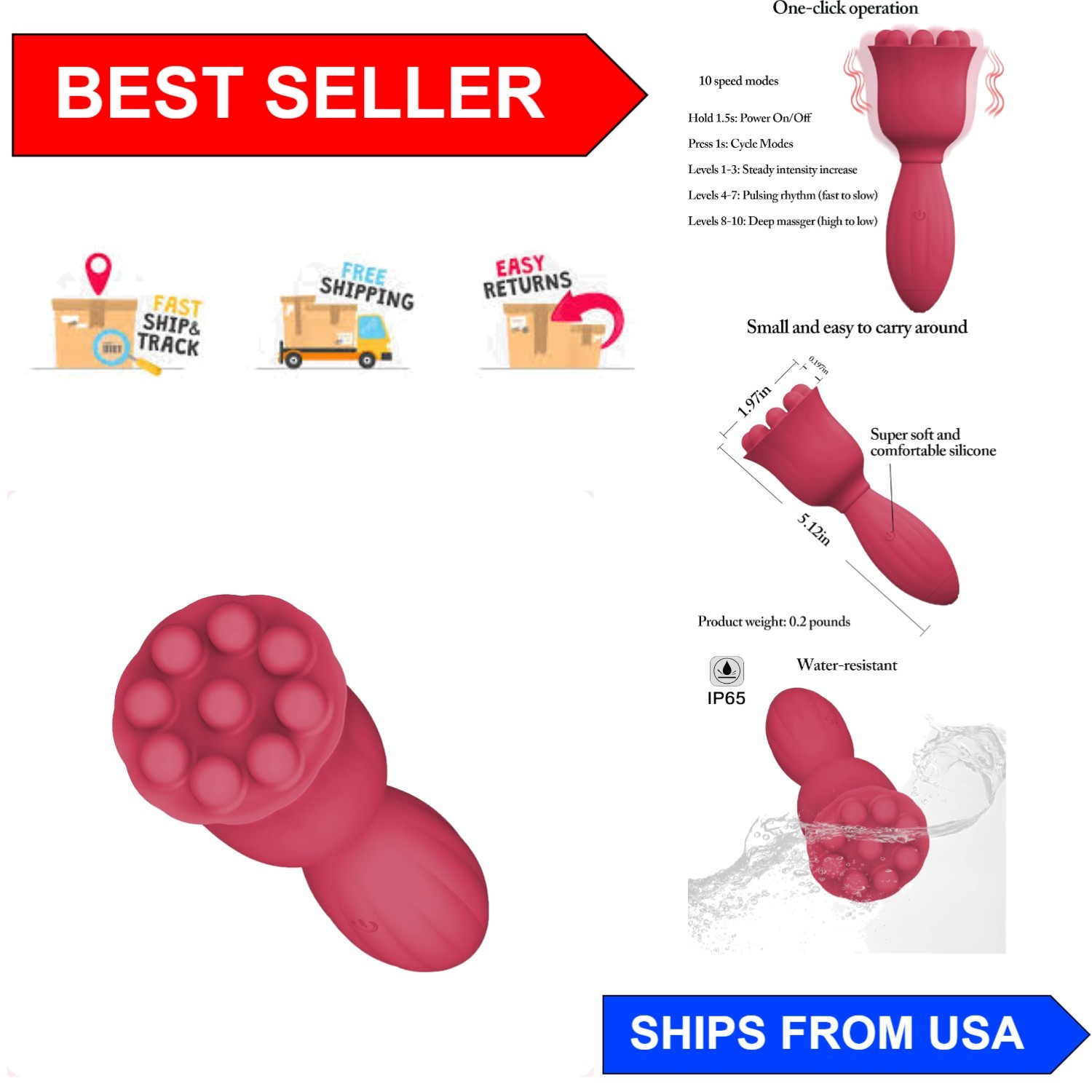 Professional-Grade Handheld Massager – 9 Nodes, Skin-Friendly, Red, 5.12 Inch