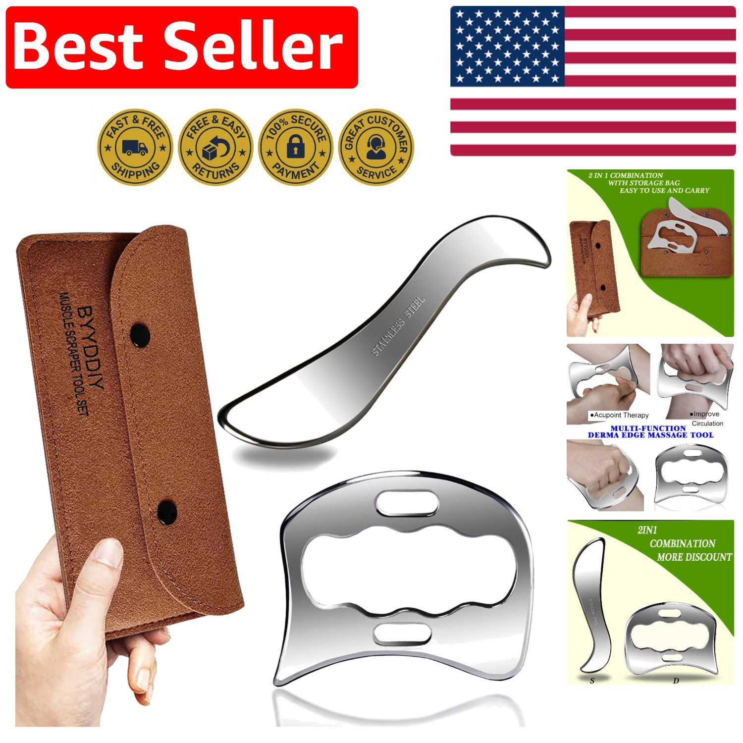 Stainless Steel Muscle Scraper Set – S & D Shapes for Full Body Relief