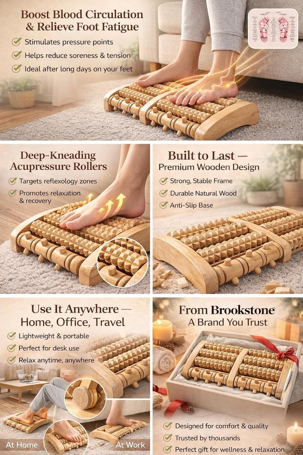 Brookstone Foot Massager for Neuropathy & Plantar Fasciitis Relief – Wooden Foot