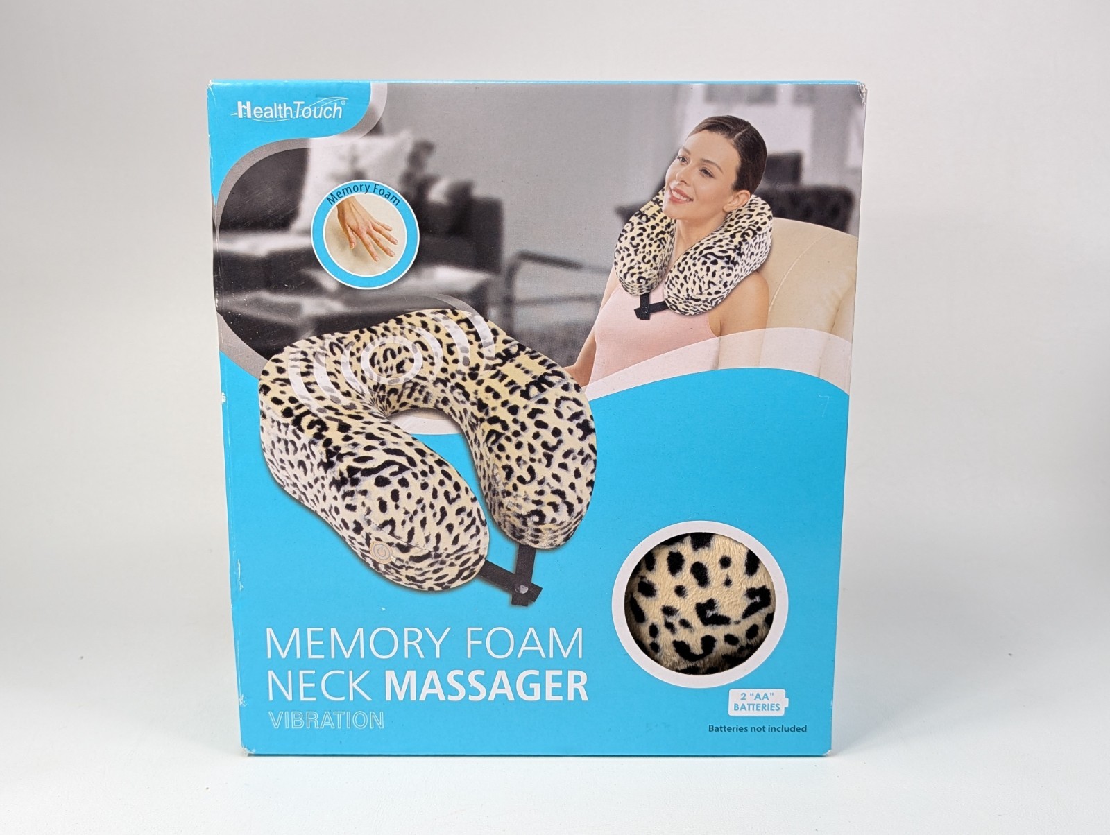 Health Touch Memory Foam Neck Massager Vibration Travel Pillow – Leopard Print