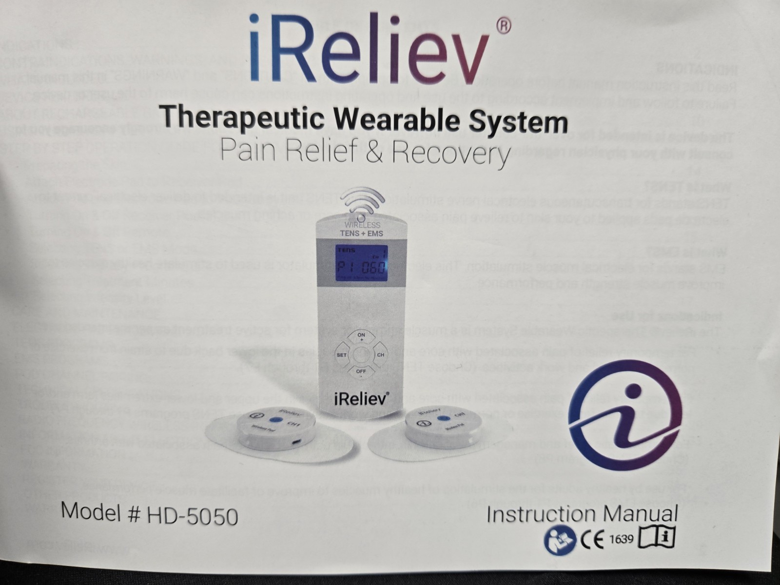 iReliev Wireless TENS EMS Therapeutic Wearable System HD-5050-2 NOB