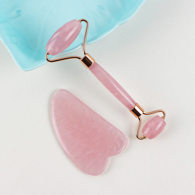 Rose Quartz & Jade Roller Gua Sha Face Body Facial Therapy Massager Stone Beauty