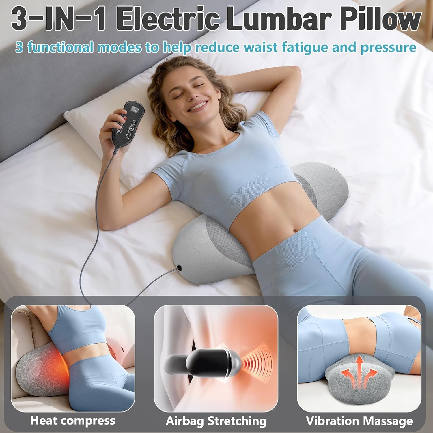 3-in-1 Heated Lumbar Support Pillow with Vibration & Traction for Home & Car