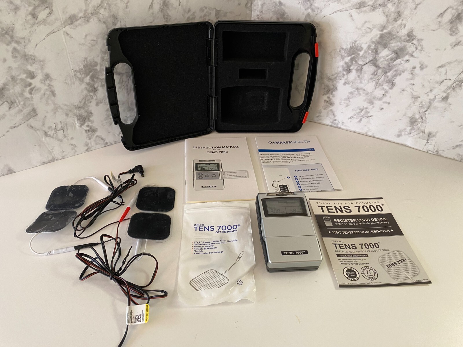 Compass Health TENS 7000 – Digital Unit, Leads, Electrodes, Case, and Battery
