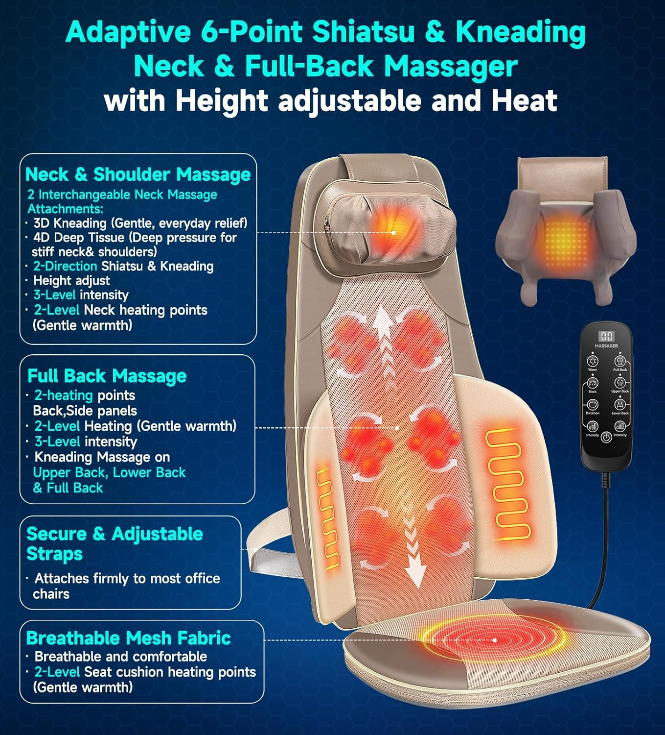 Shiatsu Neck & Back Massager with Heat, 3 Intensity Levels, 2 Attachments