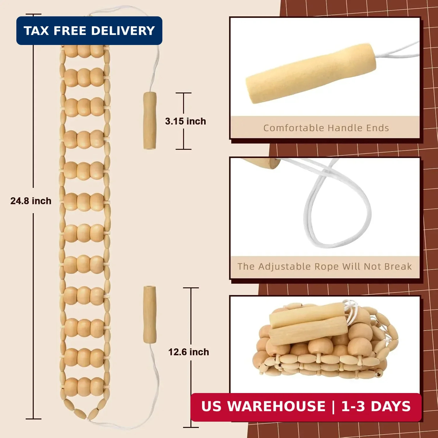 Wood Therapy Massage Tools, Wood Back Roller – Wooden Massage Roller Rope Madero