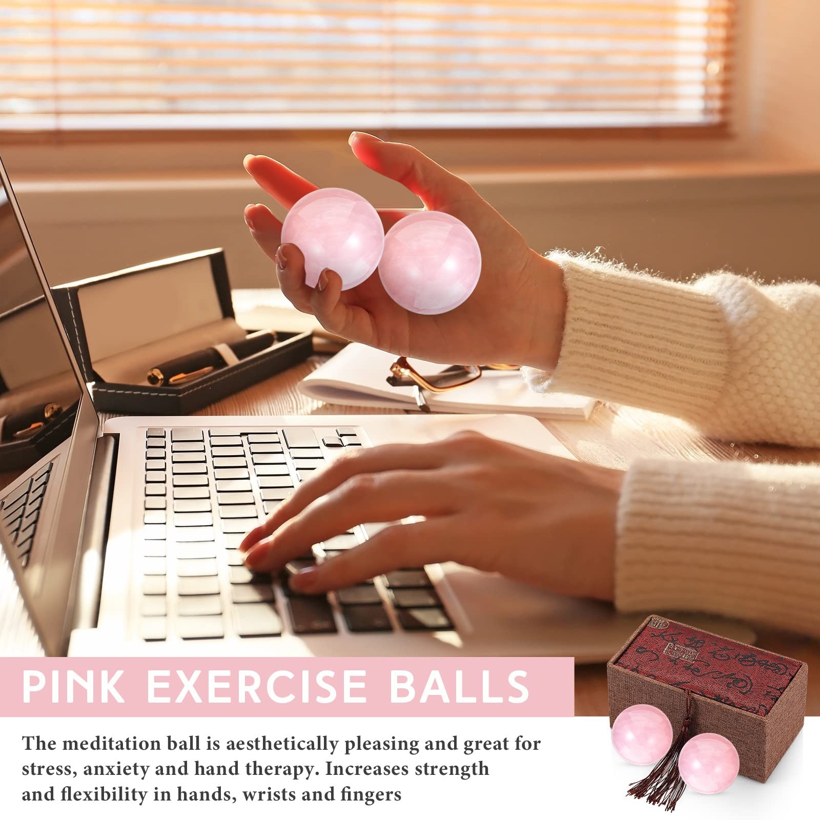 2 Pcs 1.4″ Chinese Health Exercise Stress Baoding Balls Rose Quartz Pink Mass…