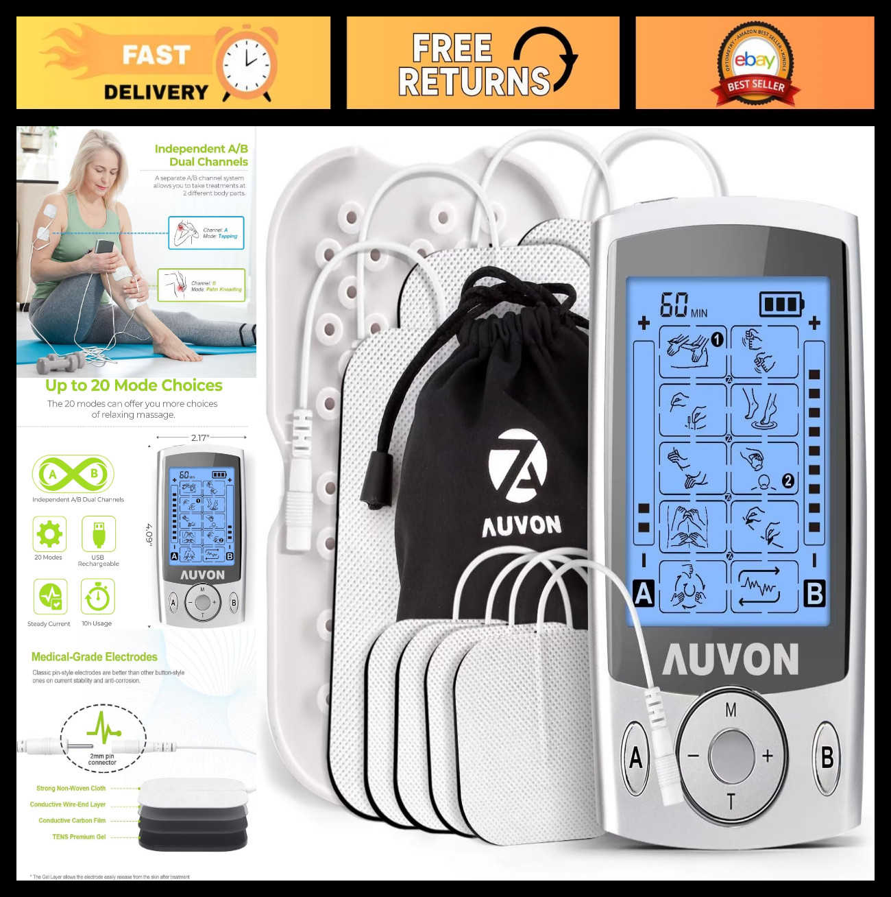 Dual Channel TENS Unit Muscle Stimulator – 20 Modes, 2″ & 2″x4″ Electrode Pads