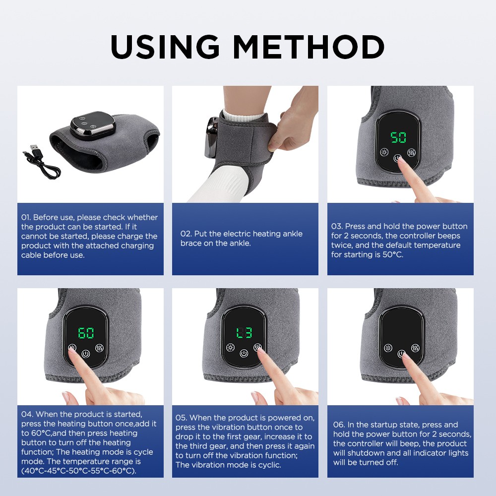 Electric Ankle Massager, Cordless Design with 3 Vibration Modes 5 Heat Levels