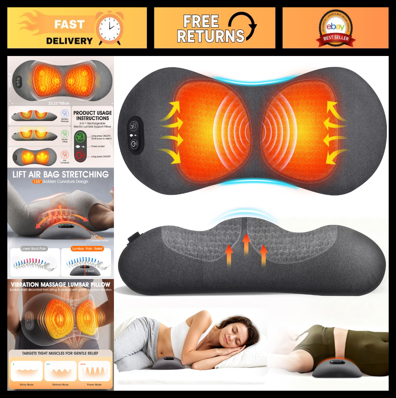 Rechargeable 3-in-1 Lumbar Support Pillow – Heat, Vibration & Traction Massager