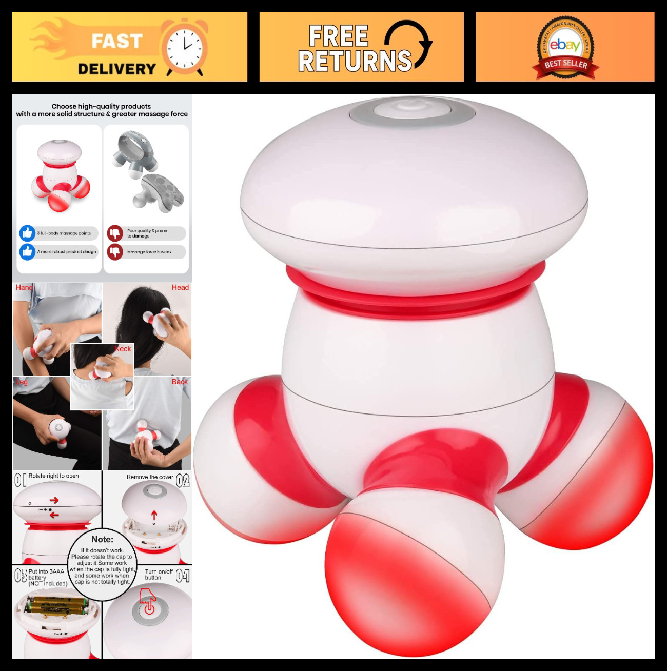 Portable Handheld Mini Massager – Vibrating Body Pain Relief, LED Light, Battery