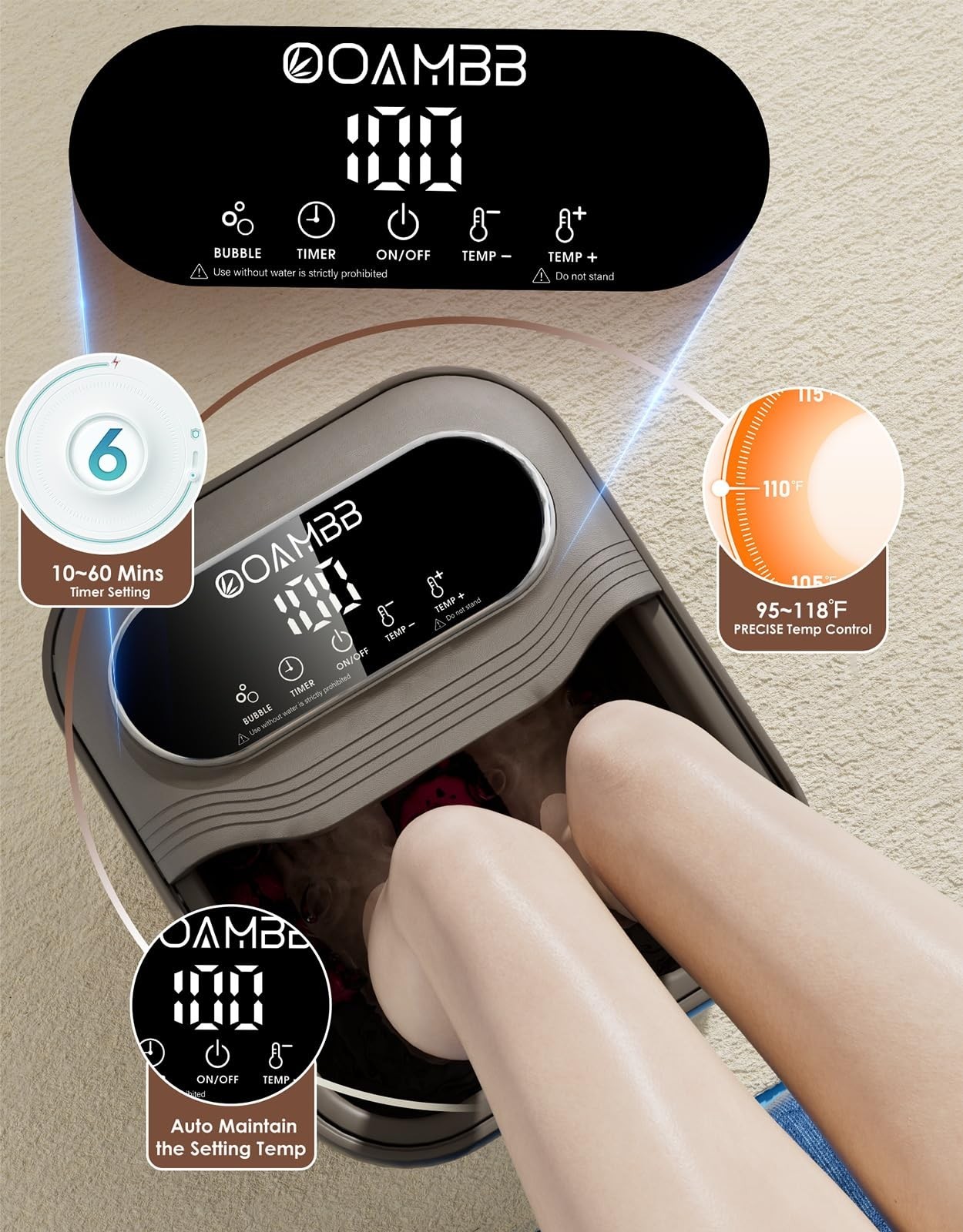 Collapsible Foot Spa with Heat & Bubbles, Temp Control, XL Touch Screen, Massage
