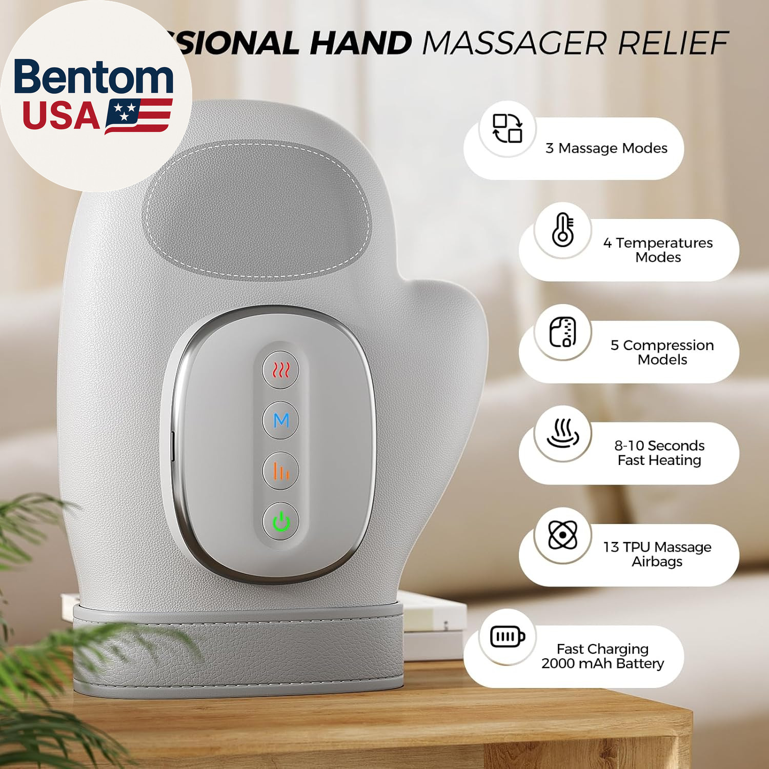 Hand Massager with Heat Compression Relief, 3 Massage 4 Temperatures 5 Compressi