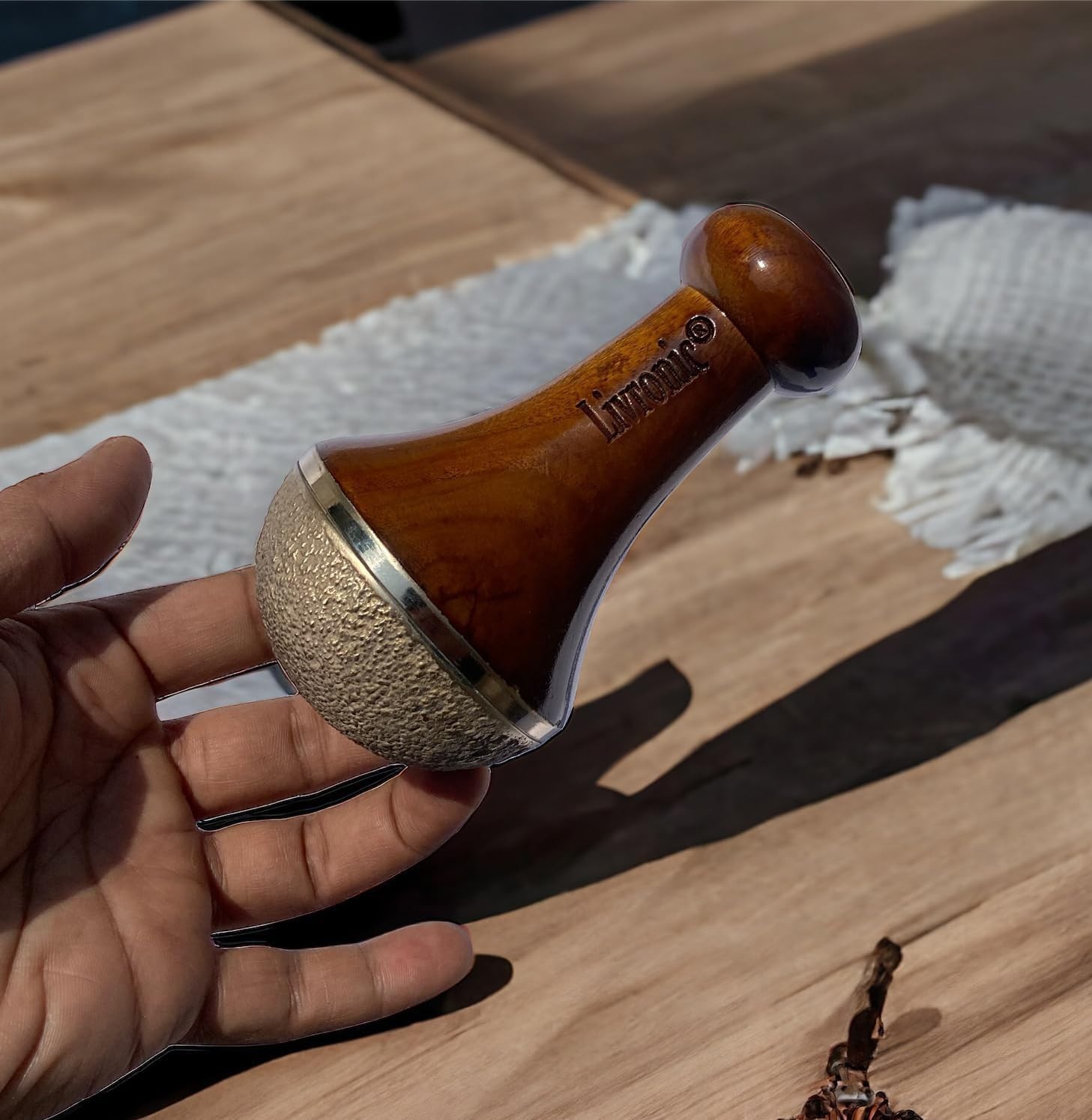 Livronic Bronze Kansa Natural Vatki Cup With Wooden Handle Manual Foot Massager