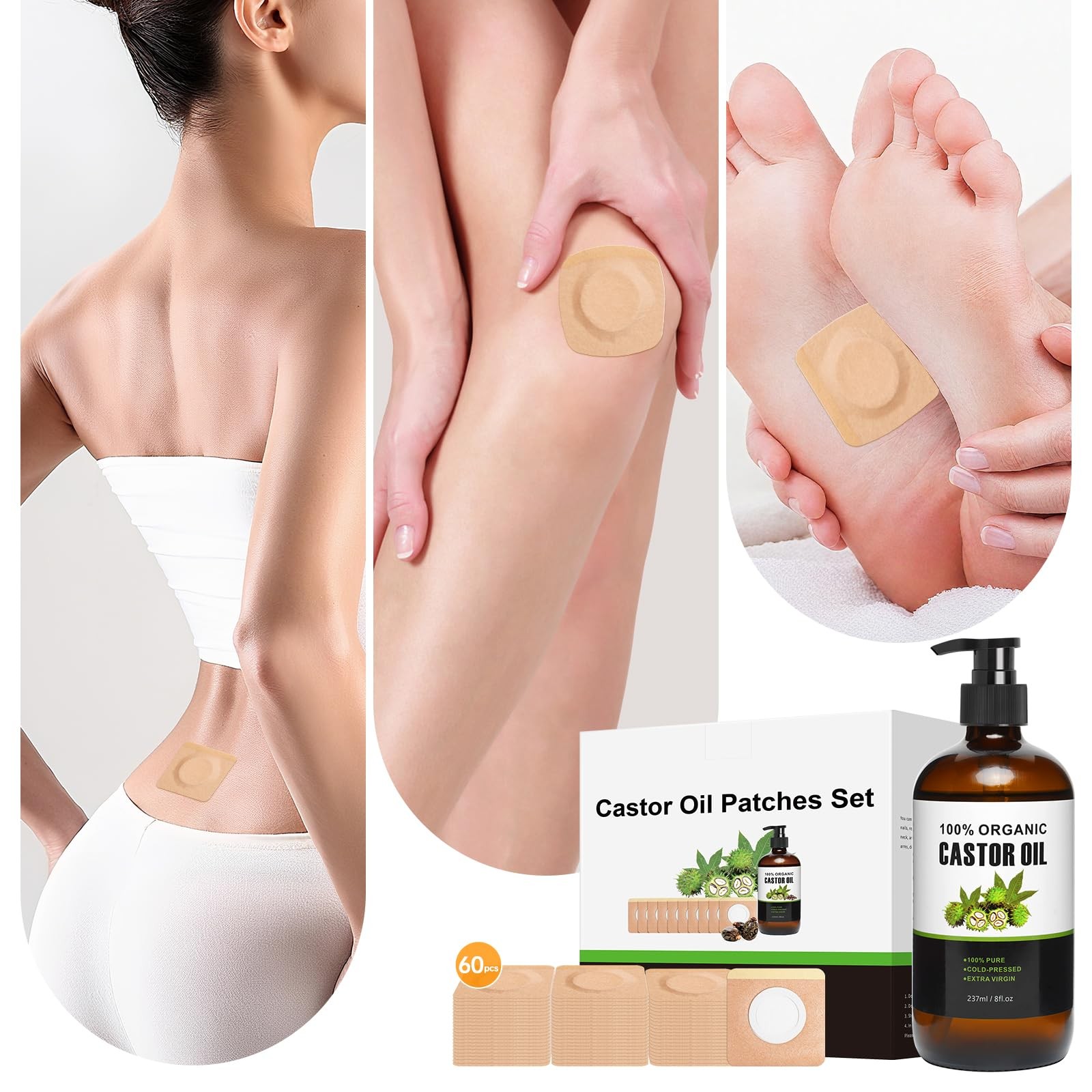 60 Pcs Castor Oil Pack Wrap (8oz/237ml), Self-Adhesive Cotton Castor Oil Patc…