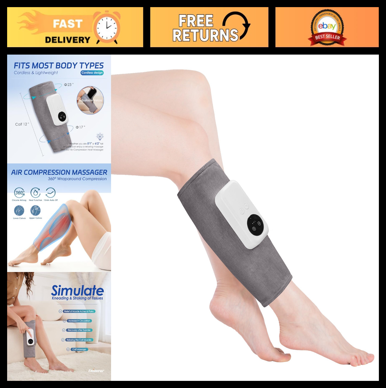 Cordless Air Compression Leg Massager with Heat for Circulation & Pain Relief –